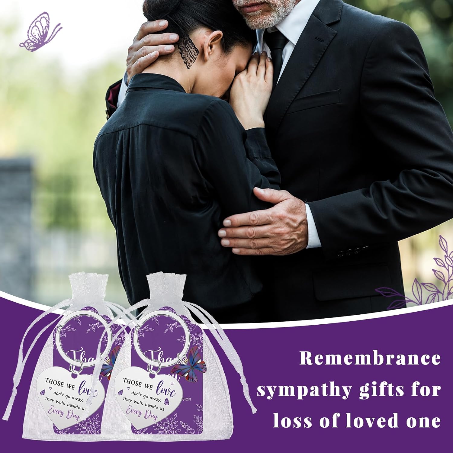 Kenning 50 Set Funeral Favors Celebration of Life Gift Purple Butterfly Keychains Organza Bags Sympathy Thank You Tags for Memorial Party Supplies Guest Return Funeral Gifts