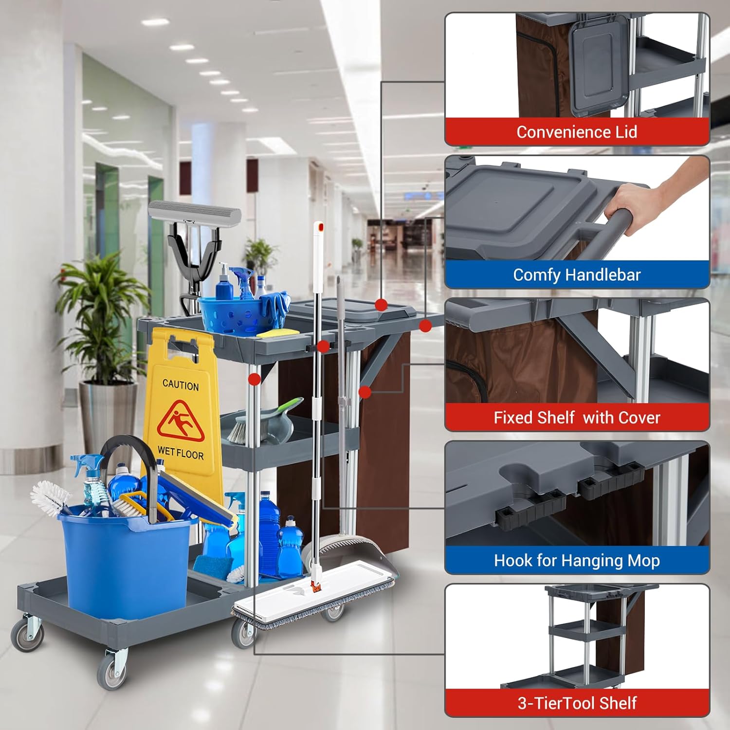CABIHOME Commercial Janitorial Cleaning 3-Shelf Cart on Wheels, 300 lb Capacity, Custodial Cart Housekeeping Carts with Cover and 25 Gal Vinyl Bag, 22" D x 51" W x 37" H, Gray