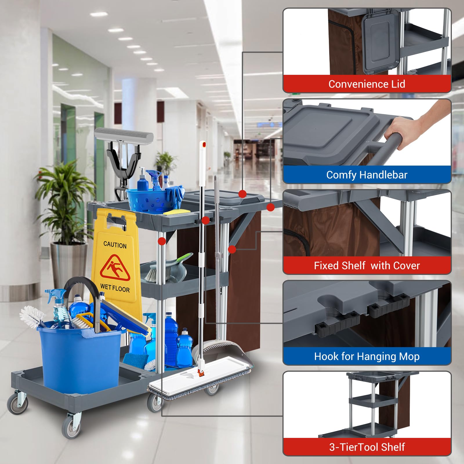 Chariot de Nettoyage,Chariot de Menage à 6 Roues avec Housse et Sac en Tissu Polaire,Capacité de Charge jusqu'à 136 kg Dimensions 95 cm (P) x 49 cm (L) x 22 cm (H).