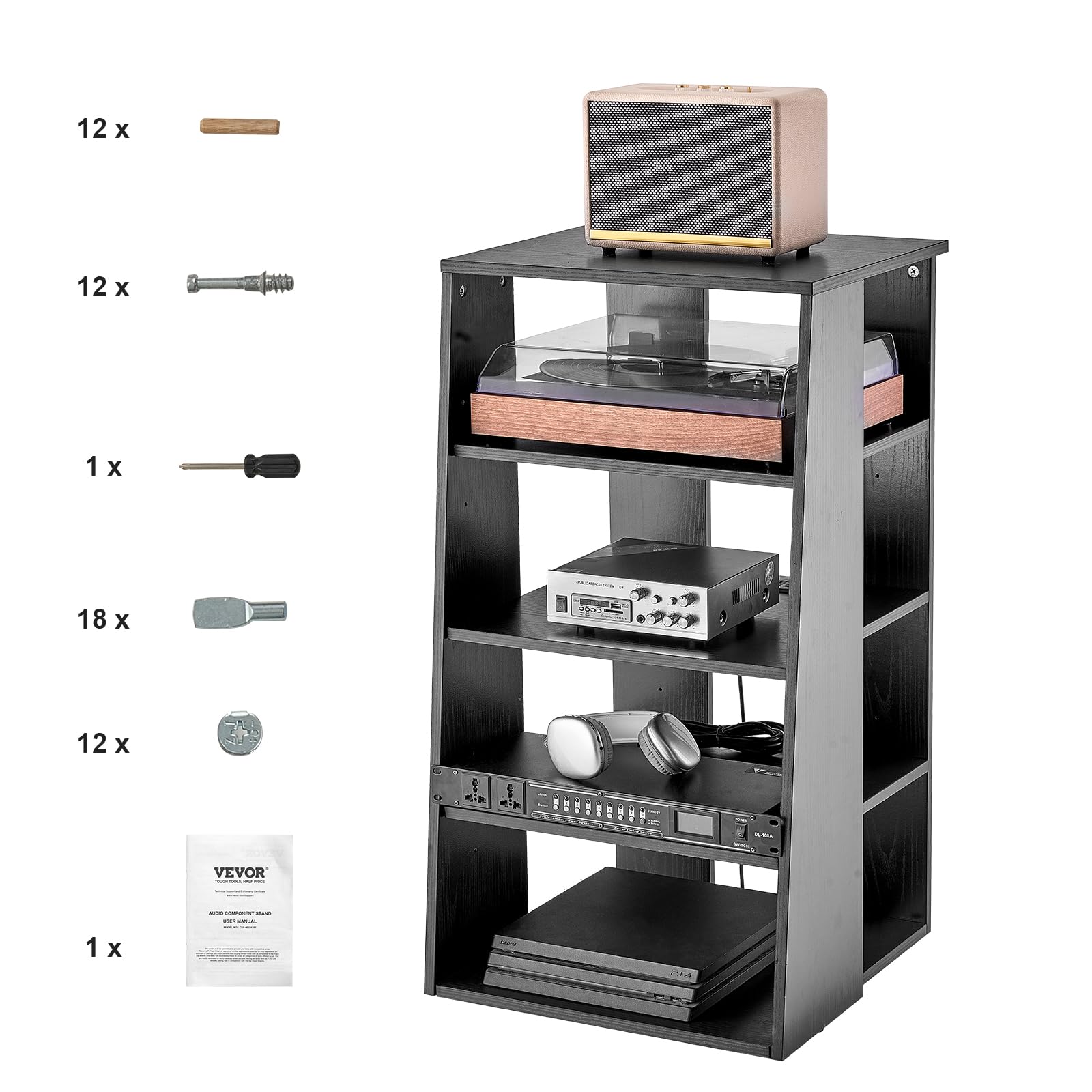 VEVOR Meuble Audio Visuel 5 Niveaux, Étagère Multimédia en Bois, Support Multimédia avec Hauteur Réglable, pour Lecteurs DVD/Décodeurs de Câbles/Consoles de Jeux, Salle d'Enregistrement, Noir