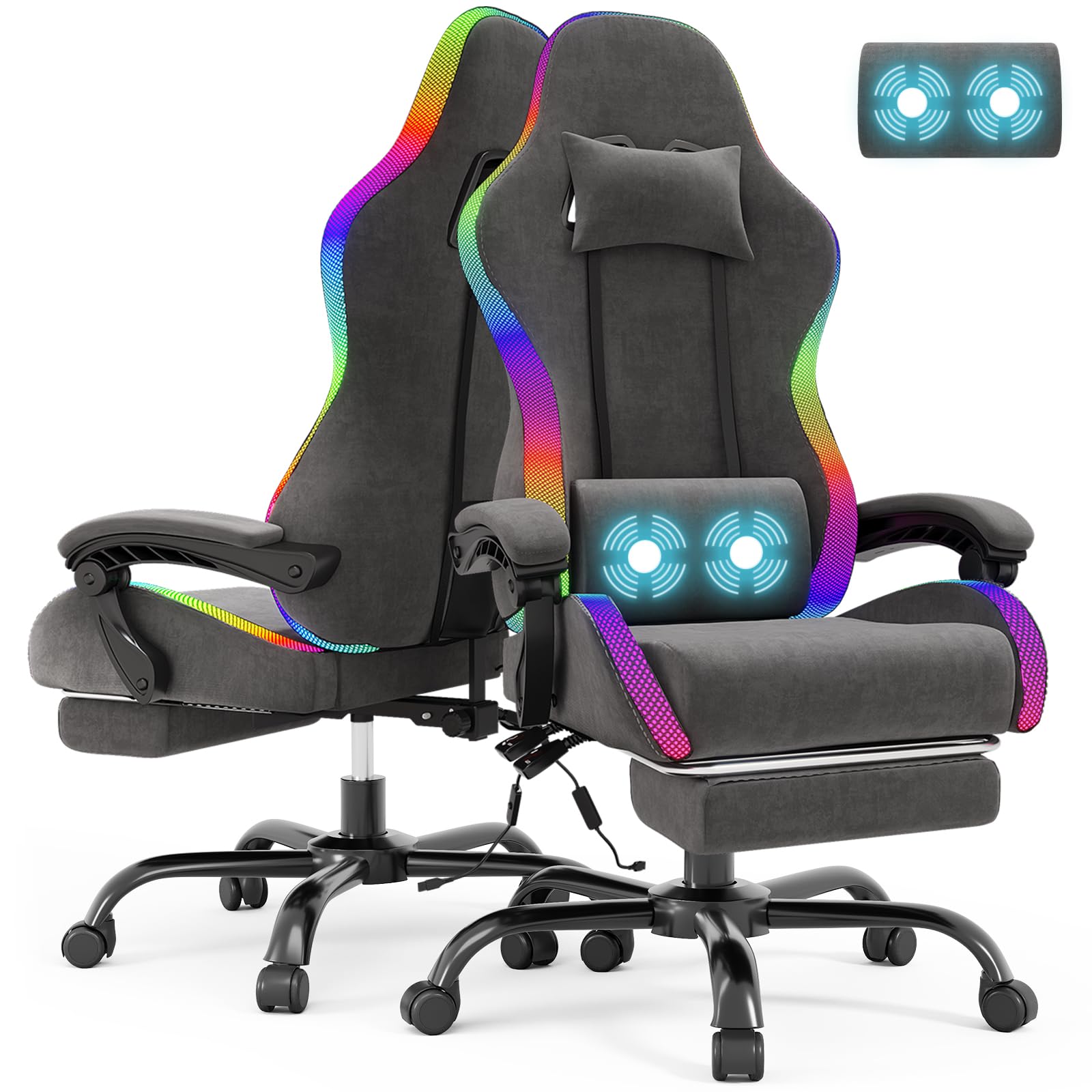 Devoko Silla Gaming de Tela y LED, Silla de Oficina Ergonómica con Reposapiés, Sillas Gaming con Masajeador, para Oficina y Juegos con Iluminación RGB, Negro
