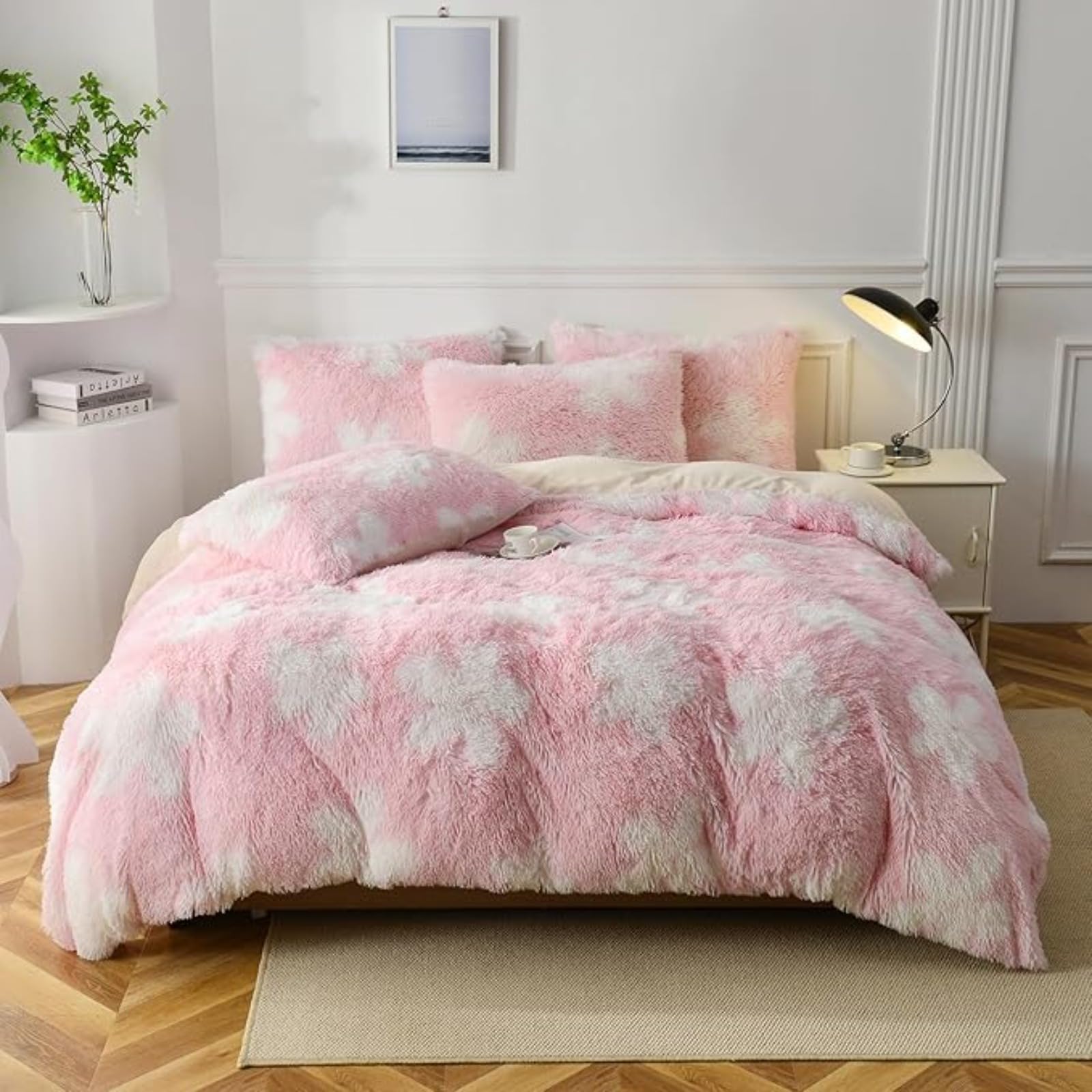 Winter Plush Fluffy Duvet Cover Set Tie Dye Faux Fur Bedding for 3 Pieces Soft Velvet Thermal Warm Quilt Cover Pillowcases (Pink,200cmx230cm)