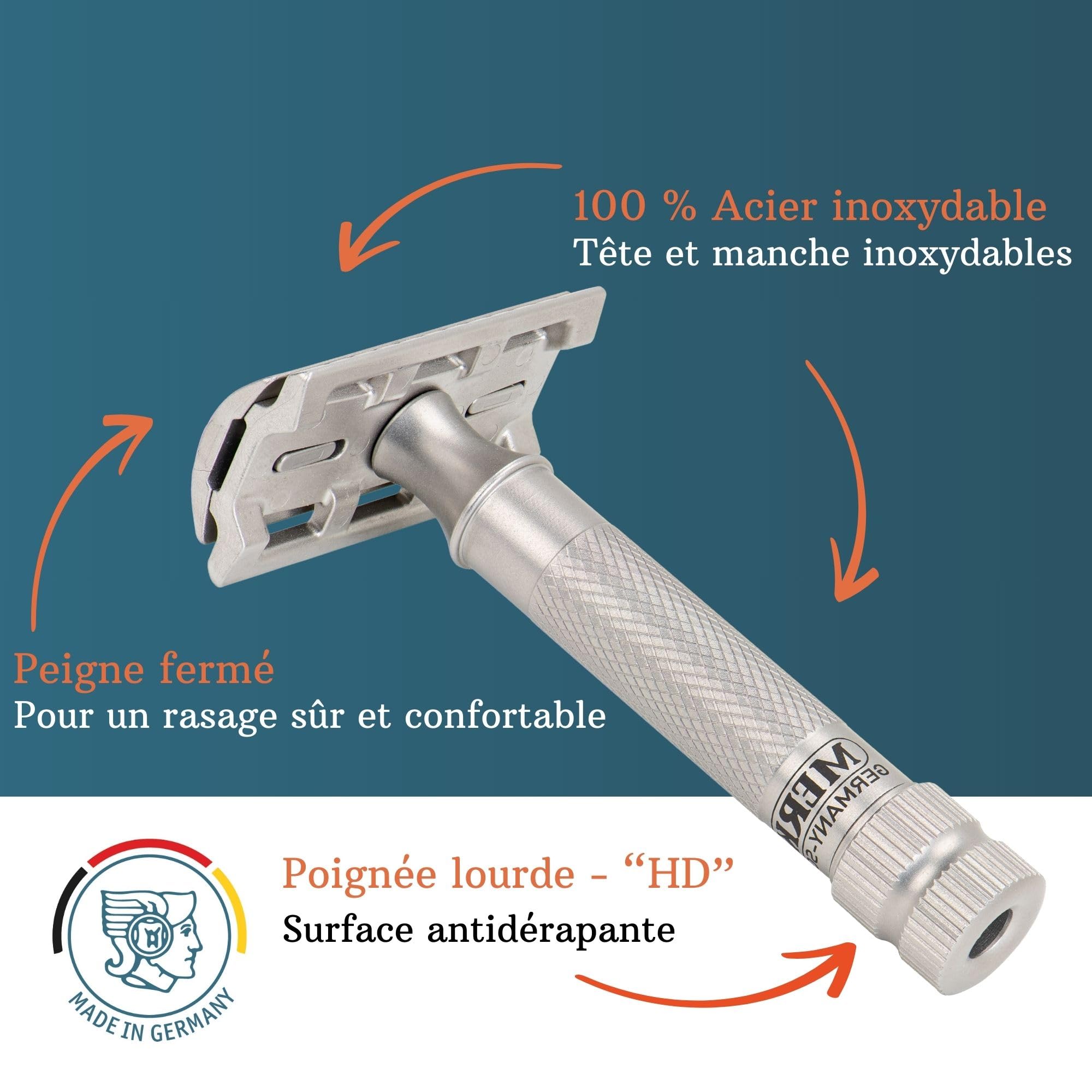 MERKUR Lot de rasoirs de sécurité en acier inoxydable 34 INOX | Comprend un rasoir de sécurité haut de gamme, un étui en cuir et 10 lames platine | Satiné mat | Peigne fermé | Idéal pour le rasage