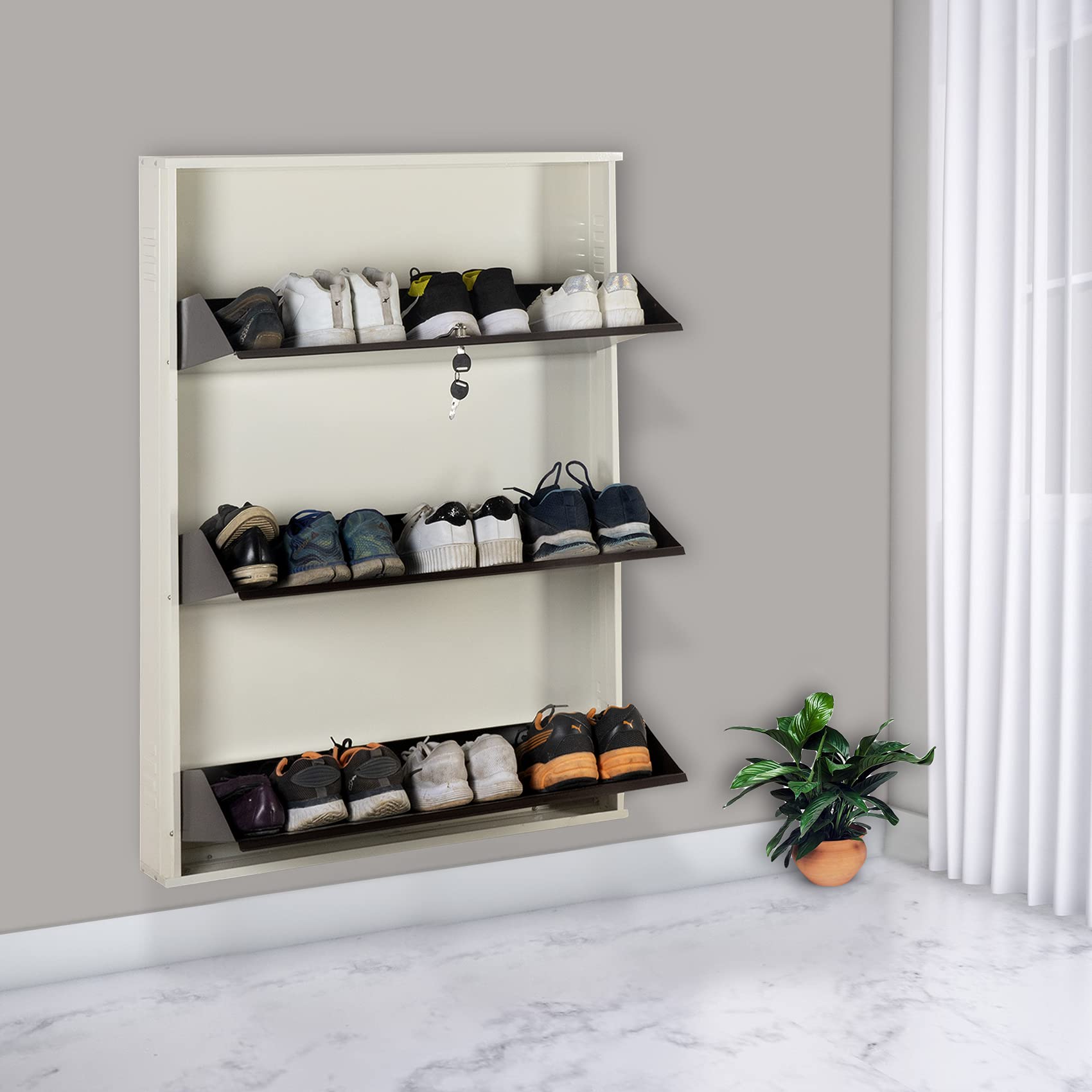 DELITE KOM 29 Inch Wide, 3 Shelf Metal Shoe Rack Wall Mounted for Home with Central Lock | Holds Upto 12 Shoes or 18 Slippers Pair | 1 Year Warranty | (41 x 29 x 5, Ivory_Coffee) | DIY | Space Saving-image-7
