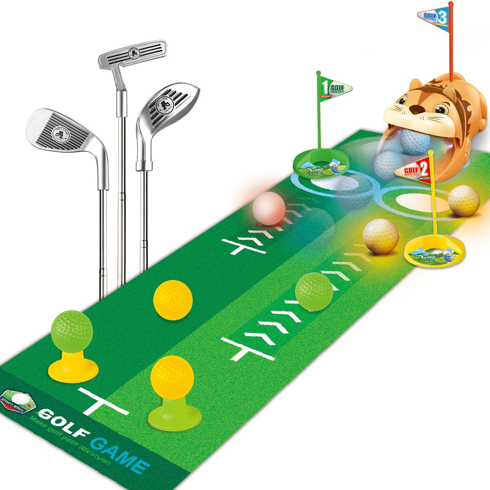 Hitish Toddler Golf Set for Age 3+ - Kids Golf Clubs Retractable with Light Automatic Golf Returner, 4 Glow Golf Balls and Putting Mat - Golf Games Sports Toys Gift for Outdoor Indoor Play