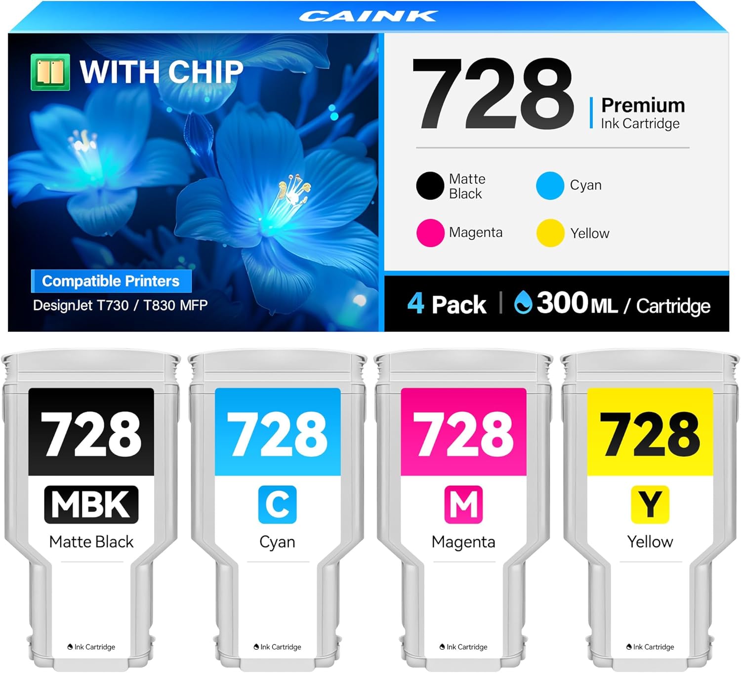 728 Ink Cartridge 300-ml Kit 4-Pack with chip Replacement for HP 728 728XL Ink Cartridges F9J68A F9J67A F9J66A F9J65A Compatible for DesignJet T830 MFP & T730 Large Format Plotter Printers Black Color