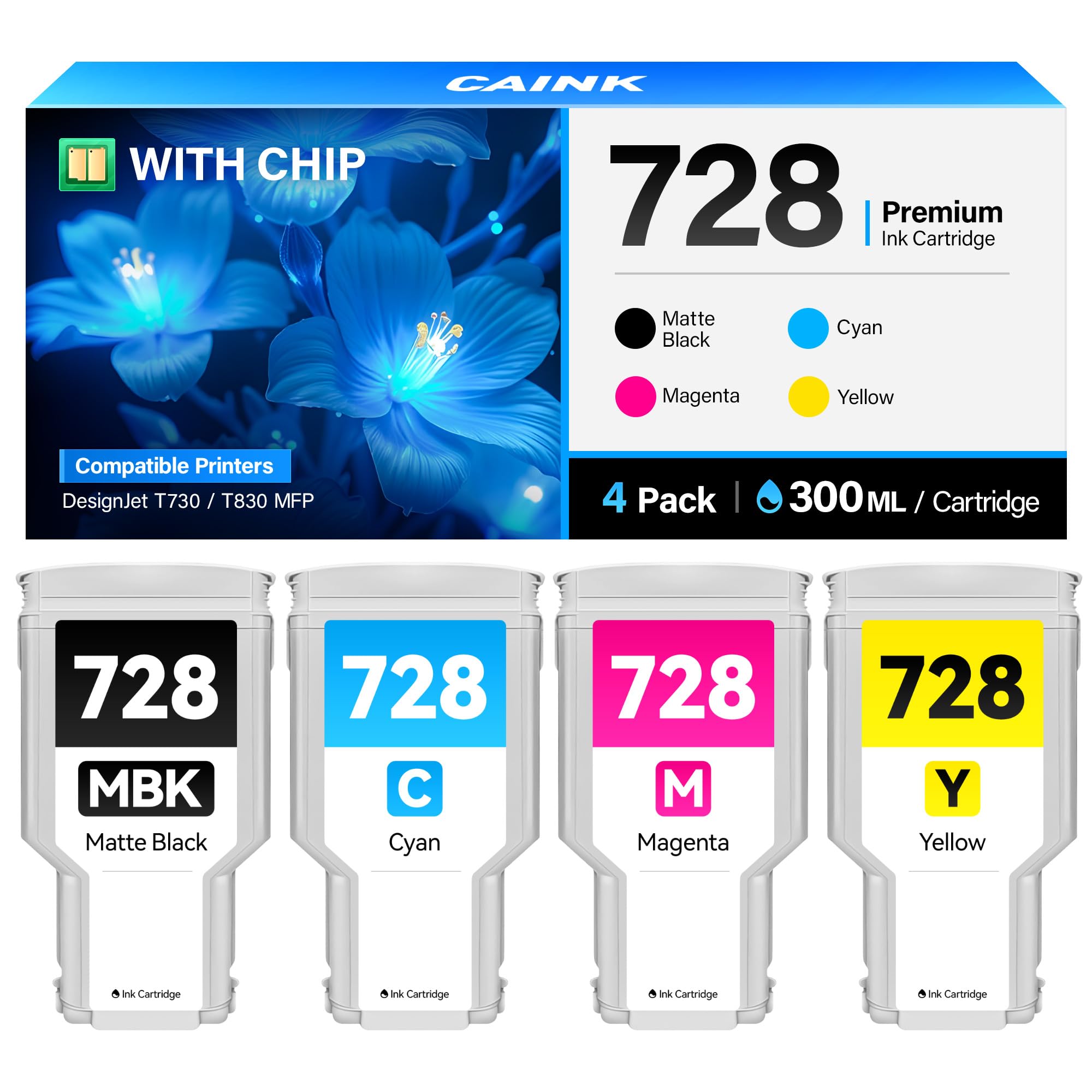 728 Ink Cartridge 300-ml Kit 4-Pack with chip Replacement for HP 728 728XL Ink Cartridges F9J68A F9J67A F9J66A F9J65A Compatible for DesignJet T830 MFP &amp; T730 Large Format Plotter Printers Black Color