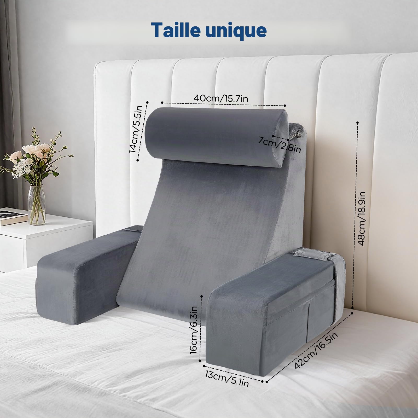 Coussin de lecture ergonomique avec appui-tête et accoudoirs amovibles, support dorsal pour lit, canapé, sol, réglable pour la lecture, le travail et la détente