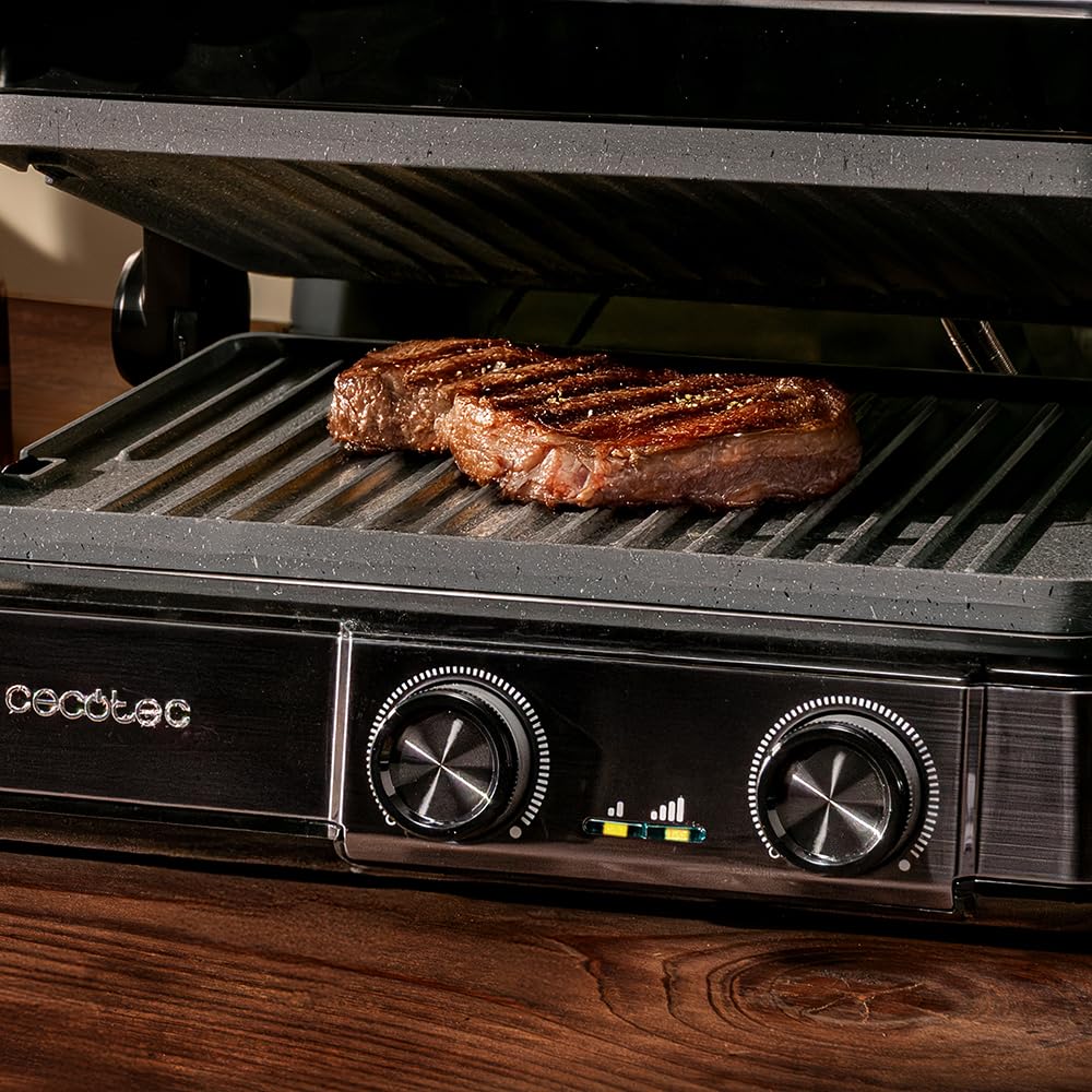 Cecotec Rock'nGrill 2200 Dual Grill elektryczny 2200 W, otwarcie 180°, podwójna temperatura, nieprzywierająca RockStone, odwrócone płyty, zbierające, wskaźnik świetlny, 29 x 23 cm