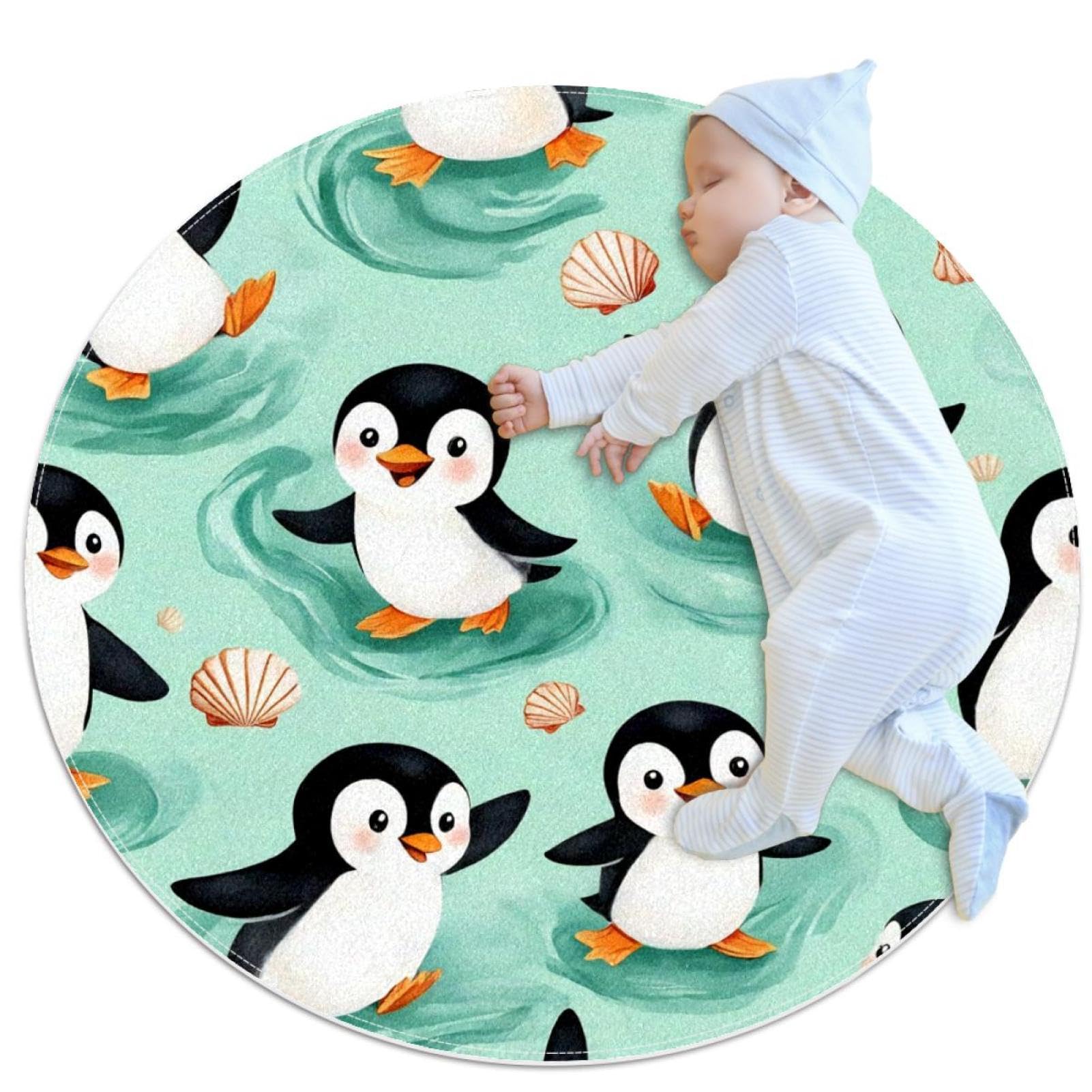 Tapis de salle de bain antidérapant et absorbant rond 1 m avec design pingouins