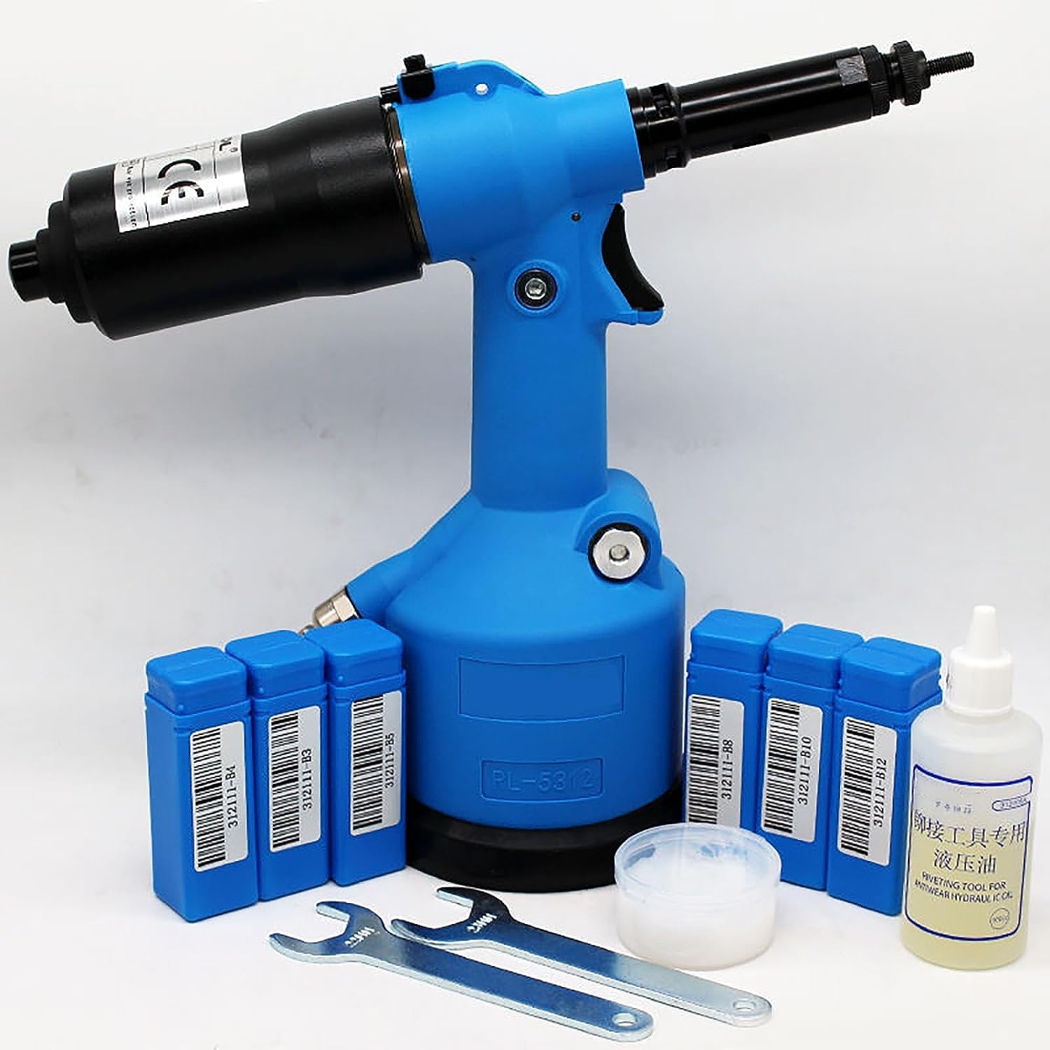 Remachadora neumática hidráulica industrial, kit de ajuste de herramienta de pistola de tuerca de remache de aire automático Remachado de tuerca de remache, con mandriles métricos y SAE Métrico M3 M4