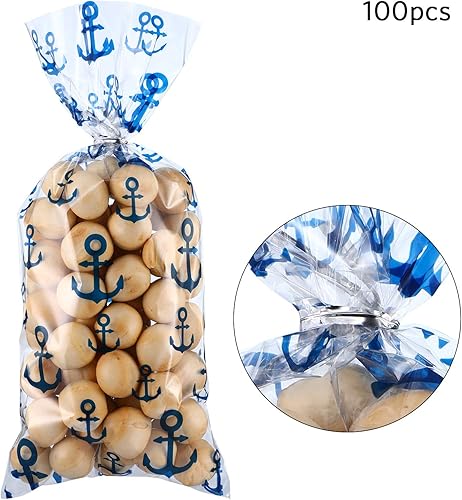 Miniatura 3 de 100 bolsas náuticas para fiestas de anclajes náuticos de celofán con 100 lazos de regalo para decoración náutica de playa (azul, rojo) (azul)