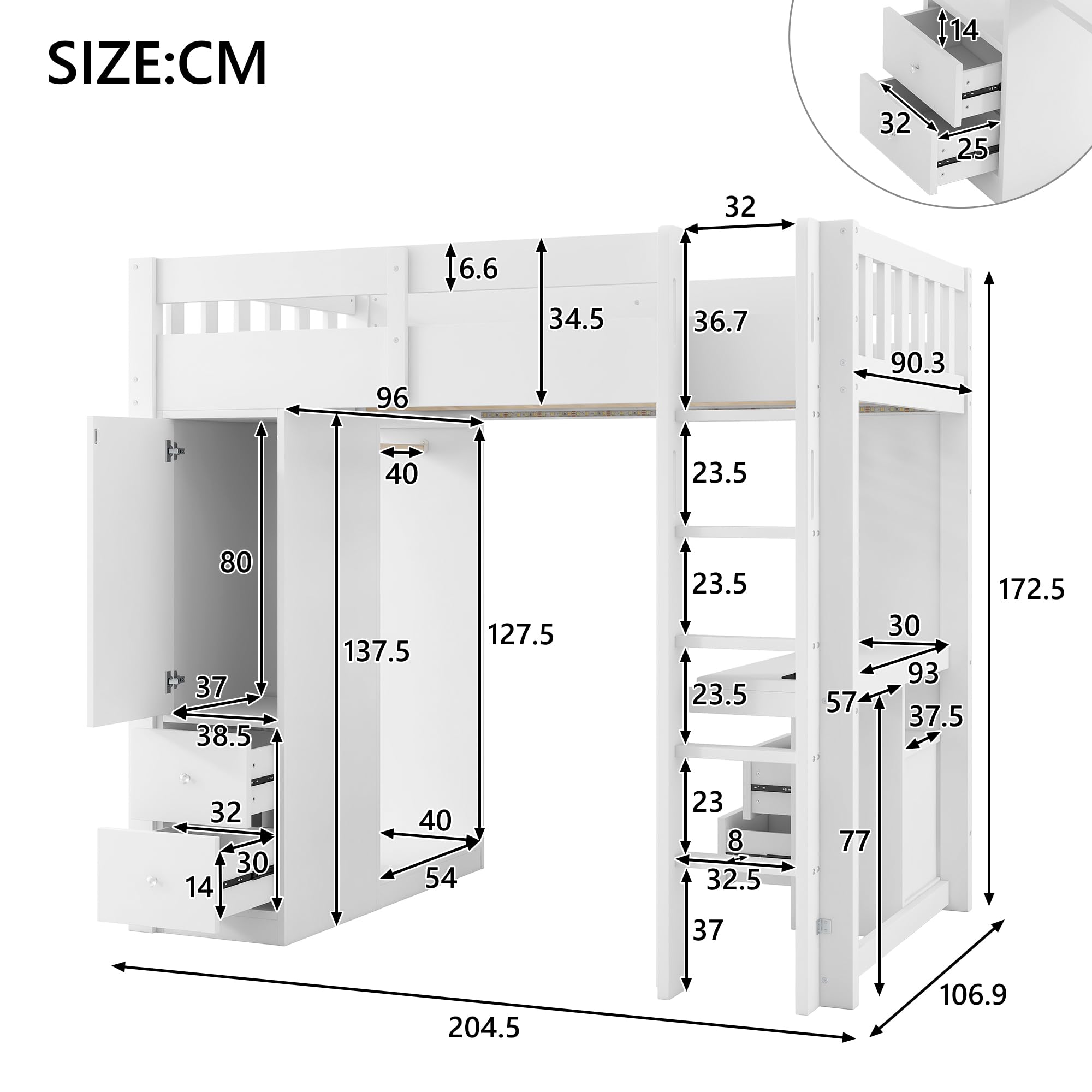 Letto a soppalco 90 x 200 cm, con 4 cassetti e 1 armadietto, sotto il letto, armadio aperto, luce LED e USB, bianco (90 x 200 cm)