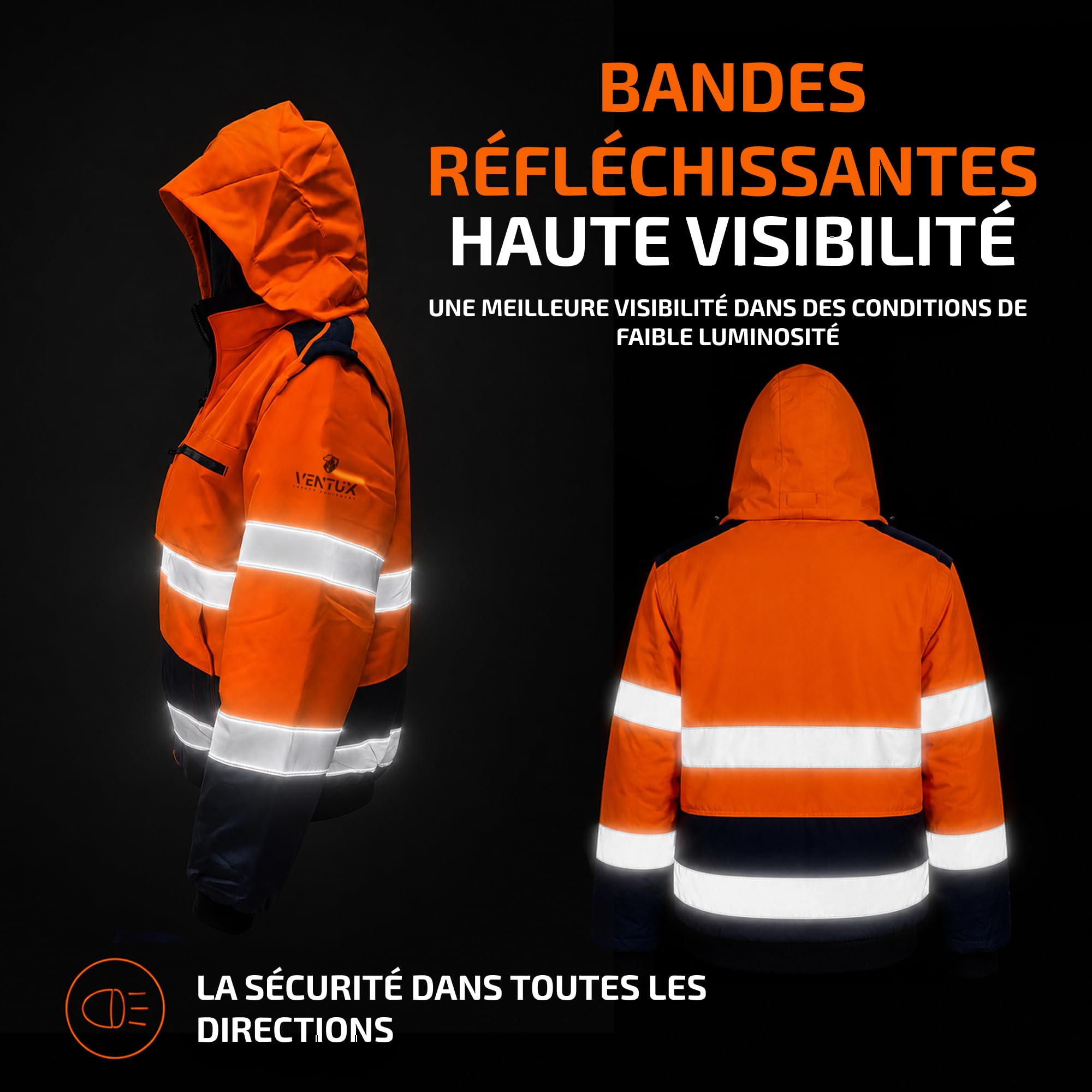 Veste haute visibilité orange avec capuche – Vêtement de travail réfléchissant EN ISO 20471 – Protection hiver avec poches multiples