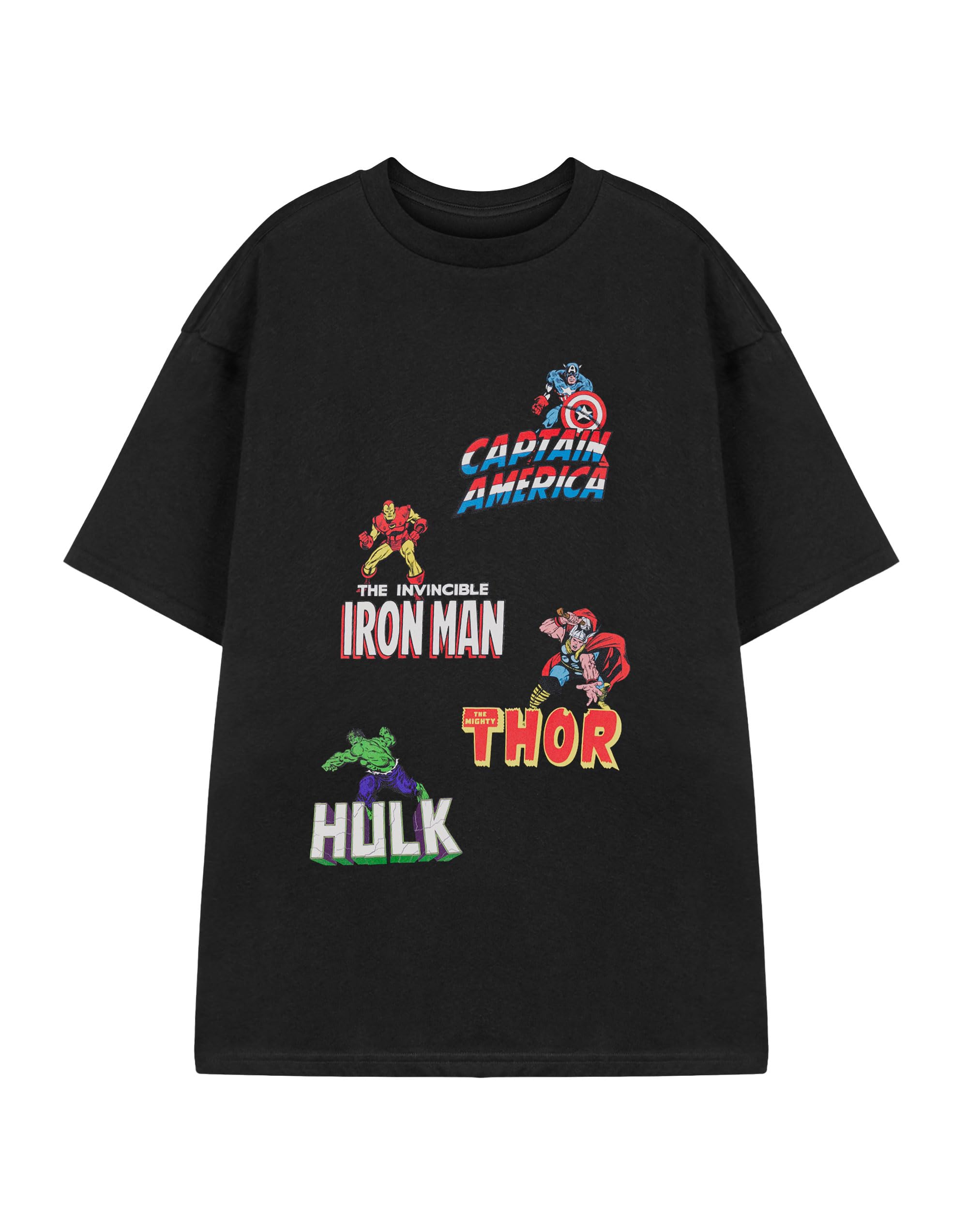 Marvel Multi Character Mens Black Short Sleeved T-Shirt | Graphic Tee with Iron Man, Spider-Man, Hulk & Captain America | Superhero Comic Book Heroes Apparel | Official Marvel Merchandise for Men
