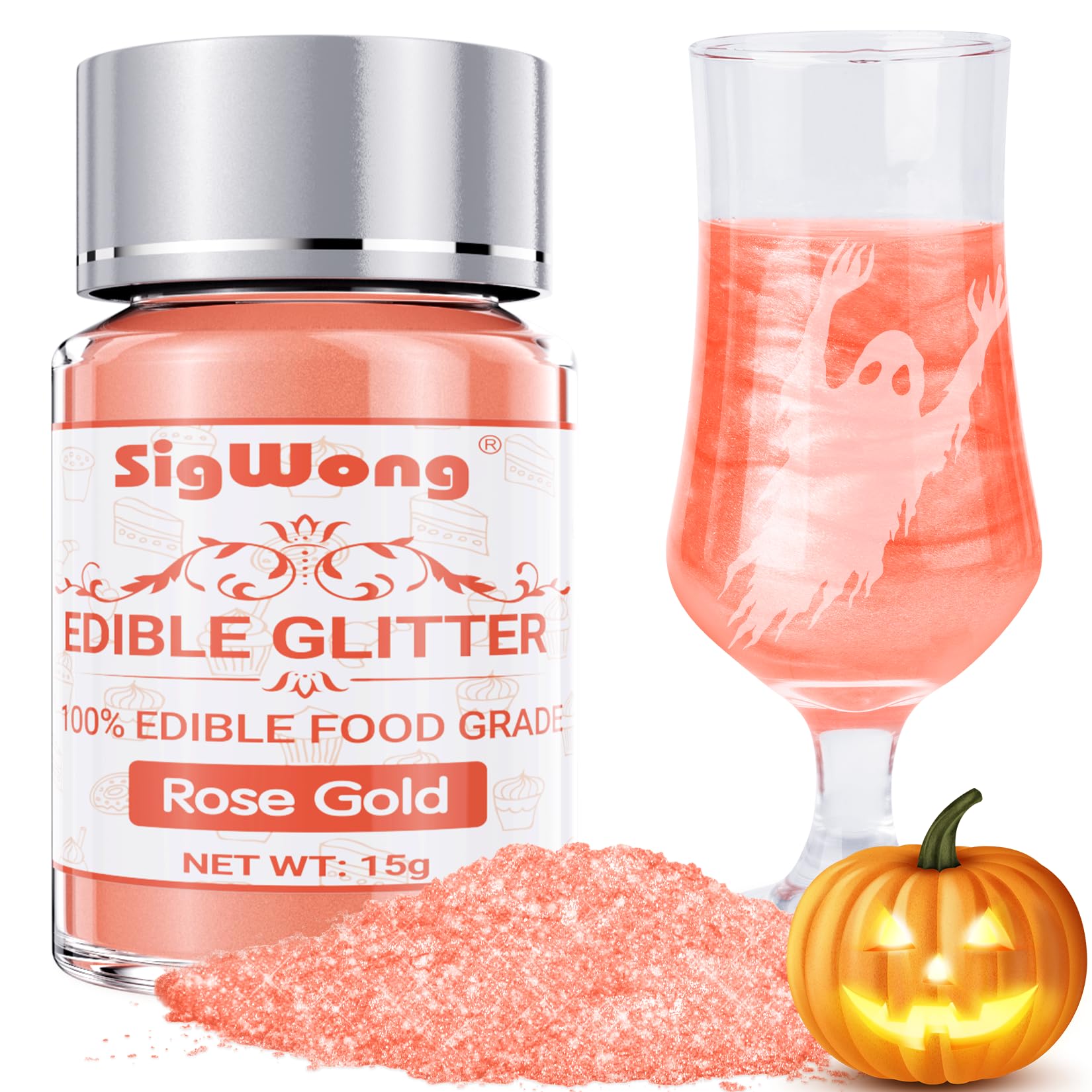 Edible Glitter, 15g Rose Gold Luster Dust Edible Powder Glitter, Food Grade Metallic Food Decorating Sprinkle Glimmery Dust for Drinks Wine, Powder Glitter for Fondant, Chocolate, Candy, Cookie, Vegan