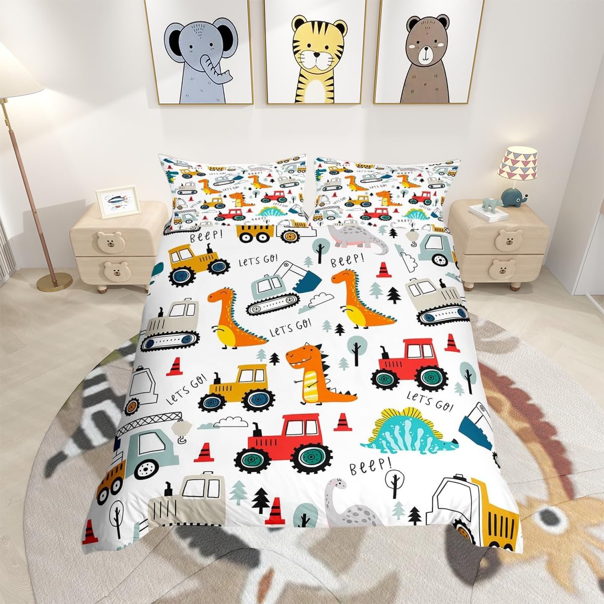 Construction Bedding Set Kids Cartoon Dinosaur Comforter Cover Set for Boys Equipment Trucks Duvet Cover Construction Vehicles Kawaii Jungle Dino Bedspread Cover Room Decor Junior/Cot Bed Size — image 1