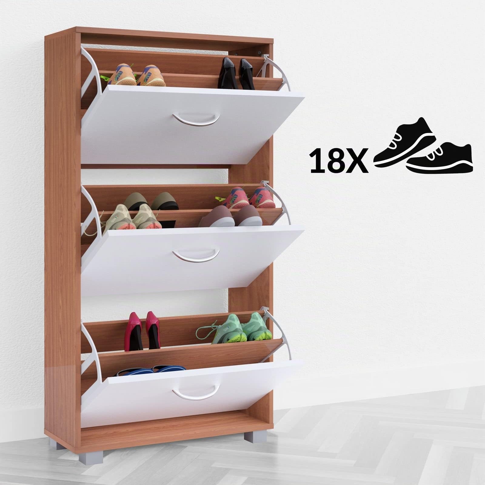 Casaria Scarpiera Mobile per Scarpe Legno Faggio 3 Scompartimenti 115x60x24 cm Scaffale Salvaspazio