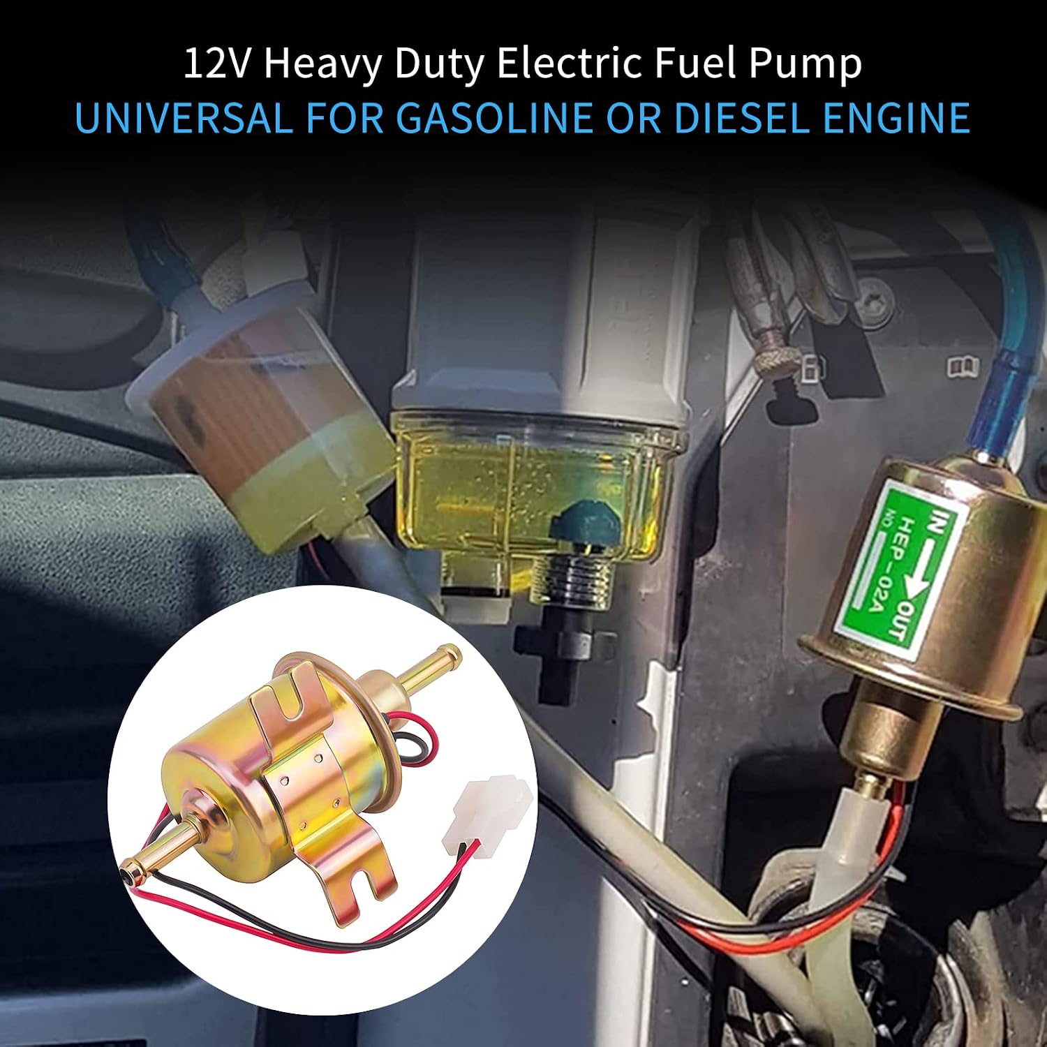Universal 12V Electric Fuel Pump Metal,Low Pressure 2.5-4 PSI Inline Fuel Pump,For Motorcycle Carburetor ATV，Trucks Boats For Gasoline or Diesel Engine HEP-02A