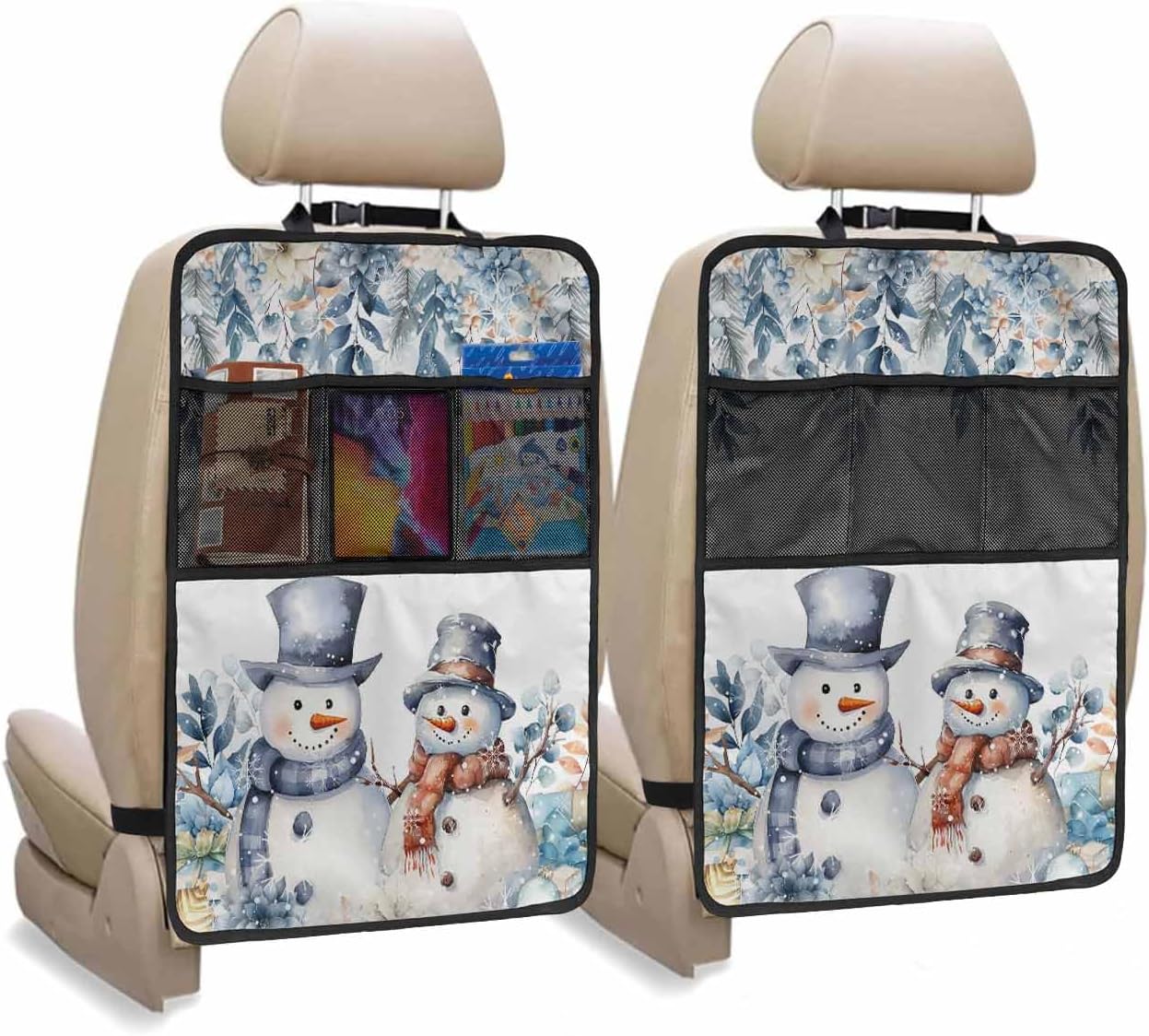 Car Seat Protector, 2 Pack Kick Mats with Organizer - 3 Pocket Storage, Blue Christmas Snowman Gift Flower Holly Eucalyptus Back Seat Cover for Kids Universal Fit Automotive Interior Protectors