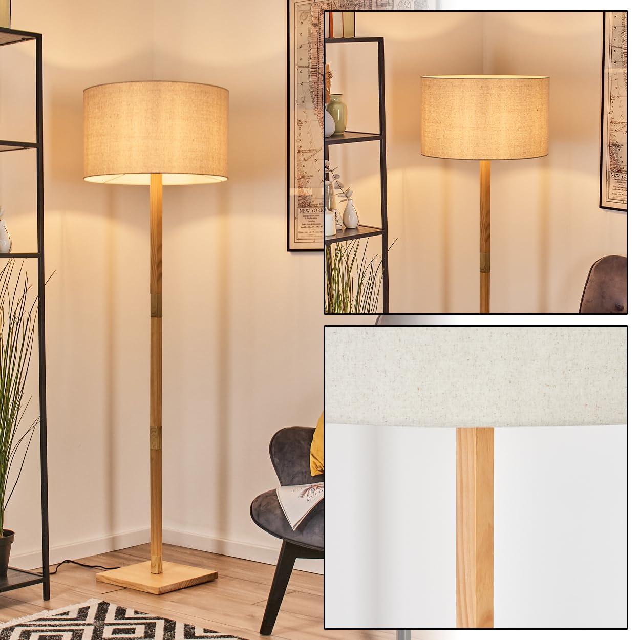 HOFSTEIN Stehleuchte Flemming, Stehlampe aus Holz im modernen Boho-Design, Schirm aus Stoff, Ø 50 cm, 170 cm, E27, mit Fußschalter - Wohnzimmer, Schlafzimmer, Esszimmer, Flur