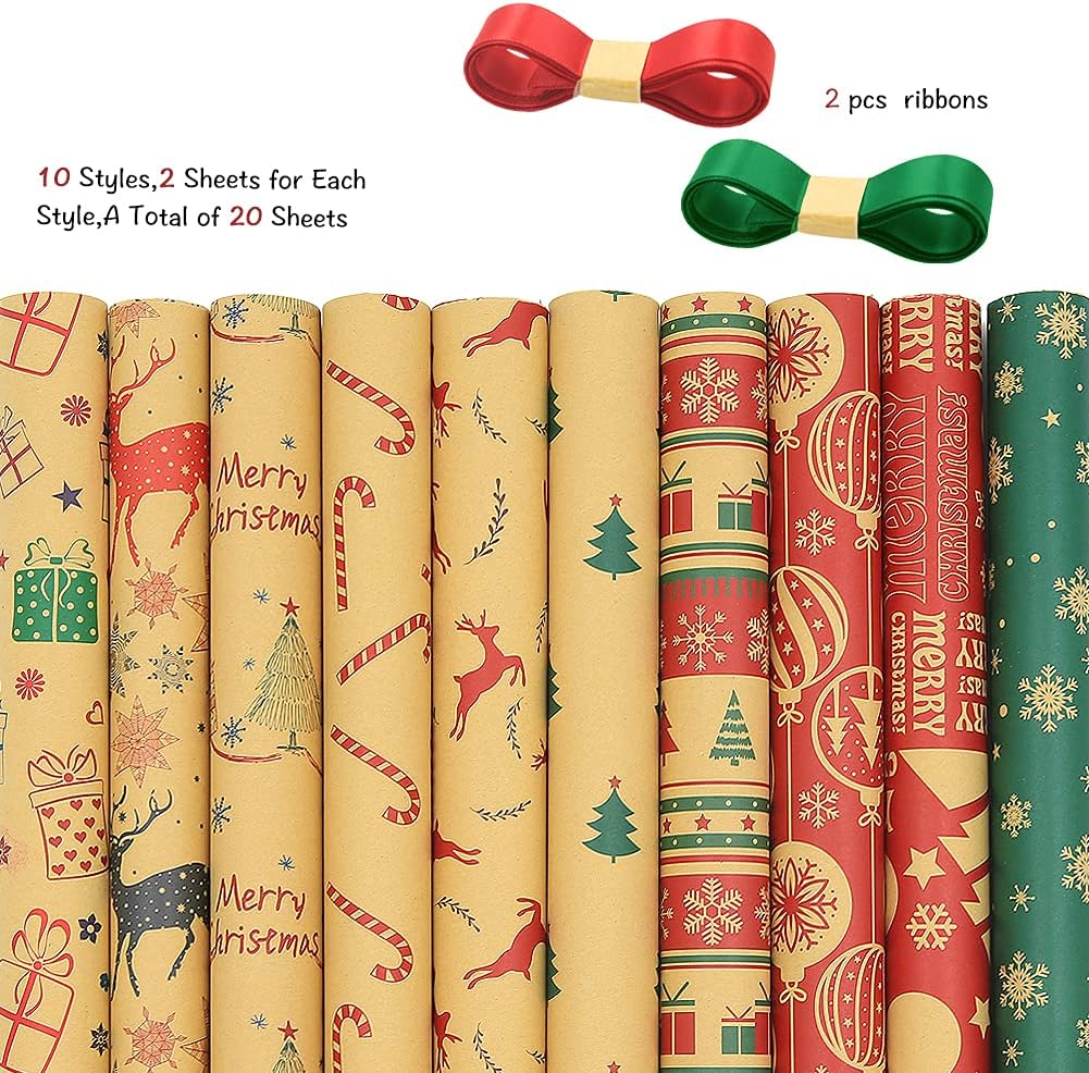 Christmas Kraft Wrapping Paper，20 Sheets Xmas Folded Wrapping Paper 20x28 inch Recyclable Christmas Gift Wrapping Paper With Ribbons Greeting Card for Christmas Party Present Flower Packaging DIY Craft