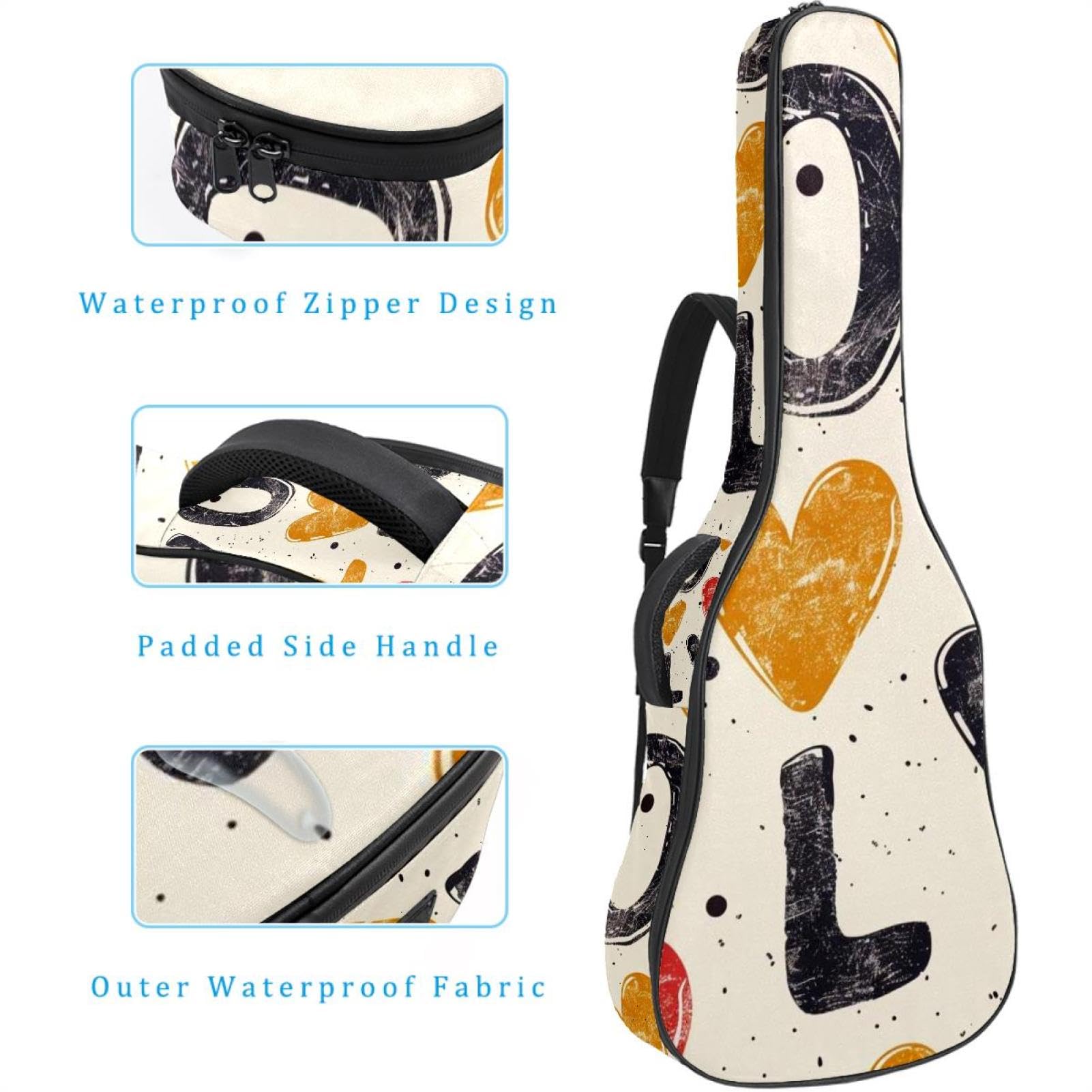 Colorful Love Heart Akustikgitarrentasche mit verstellbarem Schultergurt, Gitarrentasche mit Rückenaufhänger, geeignet für E-Gitarren, Bassgitarren, klassische Gitarren, Ukulele, Buntes Liebesherz,