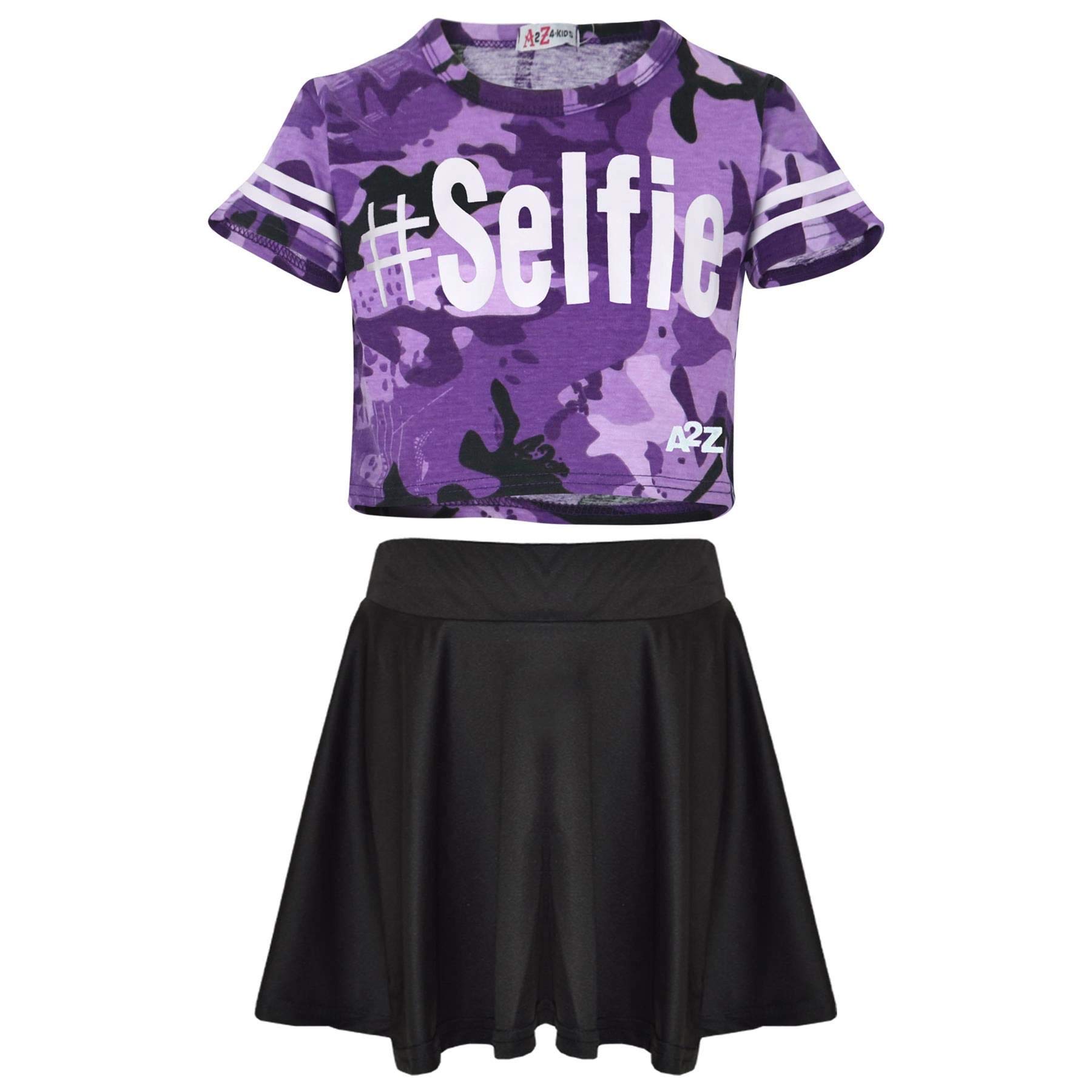 A2z 4 Kids Girls Purple Top Kids #Selfie Camouflage Crop Top & Skater Skirt - Camo Selfie Crop & Skirt_ 9-10