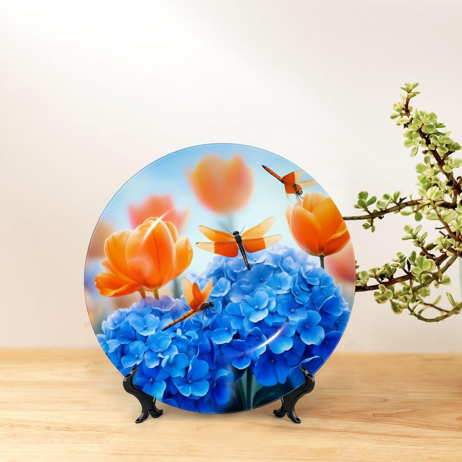 Butterflies And Flowers Style Ceramic Plate Display Decorative Plate With Stand Wall Hanging Plate For Home Decor 10 Inch