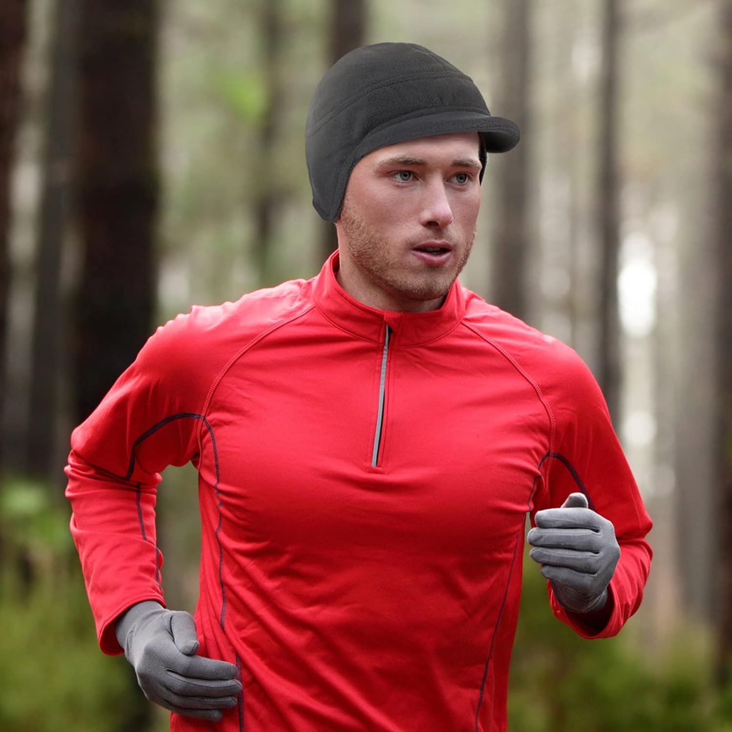 Bencailor 3 Pcs Mens Hat Winter Fleece Beanie Cap Earflaps Windproof with Short Visor Warm Fleece Earflap Hat Brimmed Bill Skull Cap for Running Outdoor, One Size Baseball Sport Unisex - Image 2