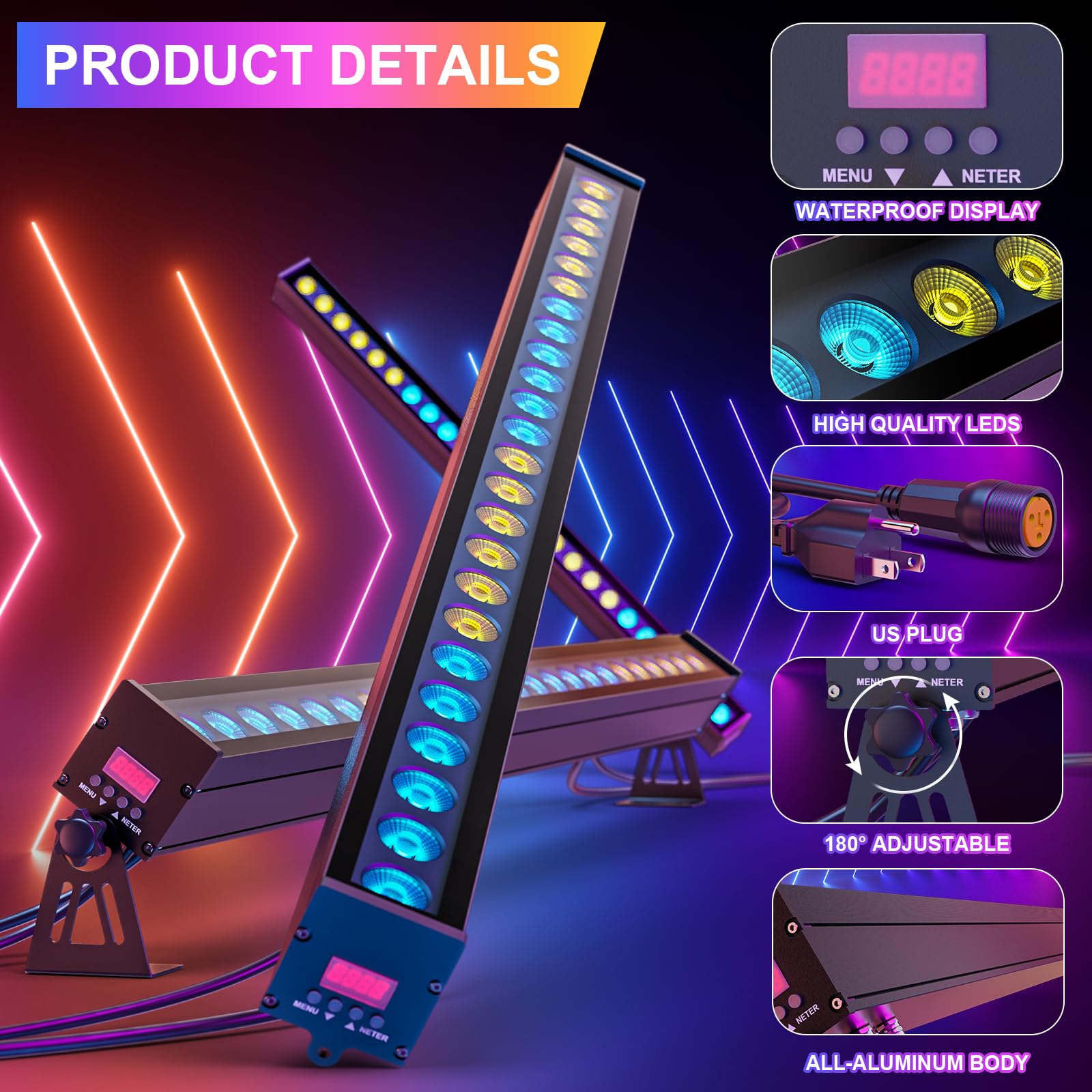 24 LED Bar Wallwasher Wasserdichter, 120W Discolicht Partylicht Bühnenlicht, RGBW Lichteffekte Strahler Strobe Beleuchtung für DJ Party Outdoor
