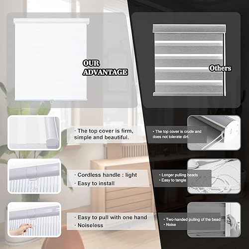 Miniatura 4 de AOSKY Zebra - Persianas sin cordones estilo cebra para ventanas, enrollables, de doble capa con control de luz, para día y noche, fáciles de