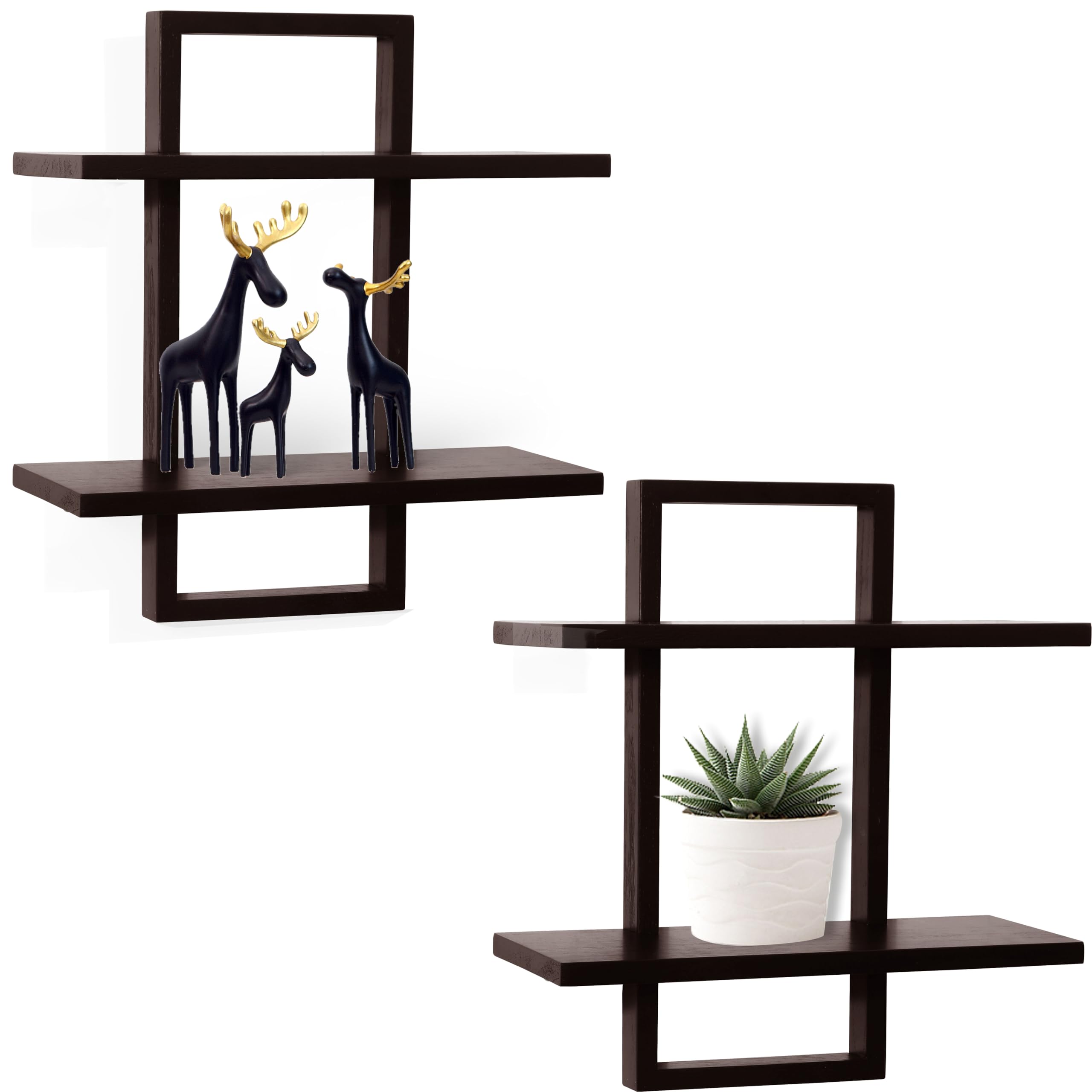 PHOENANCEE 2 Tier, Oak Frame, Floating Shelves for Wall Set of 2, Hanging Rustic Square Storage Shelf for Living Room Bedroom, Walnut