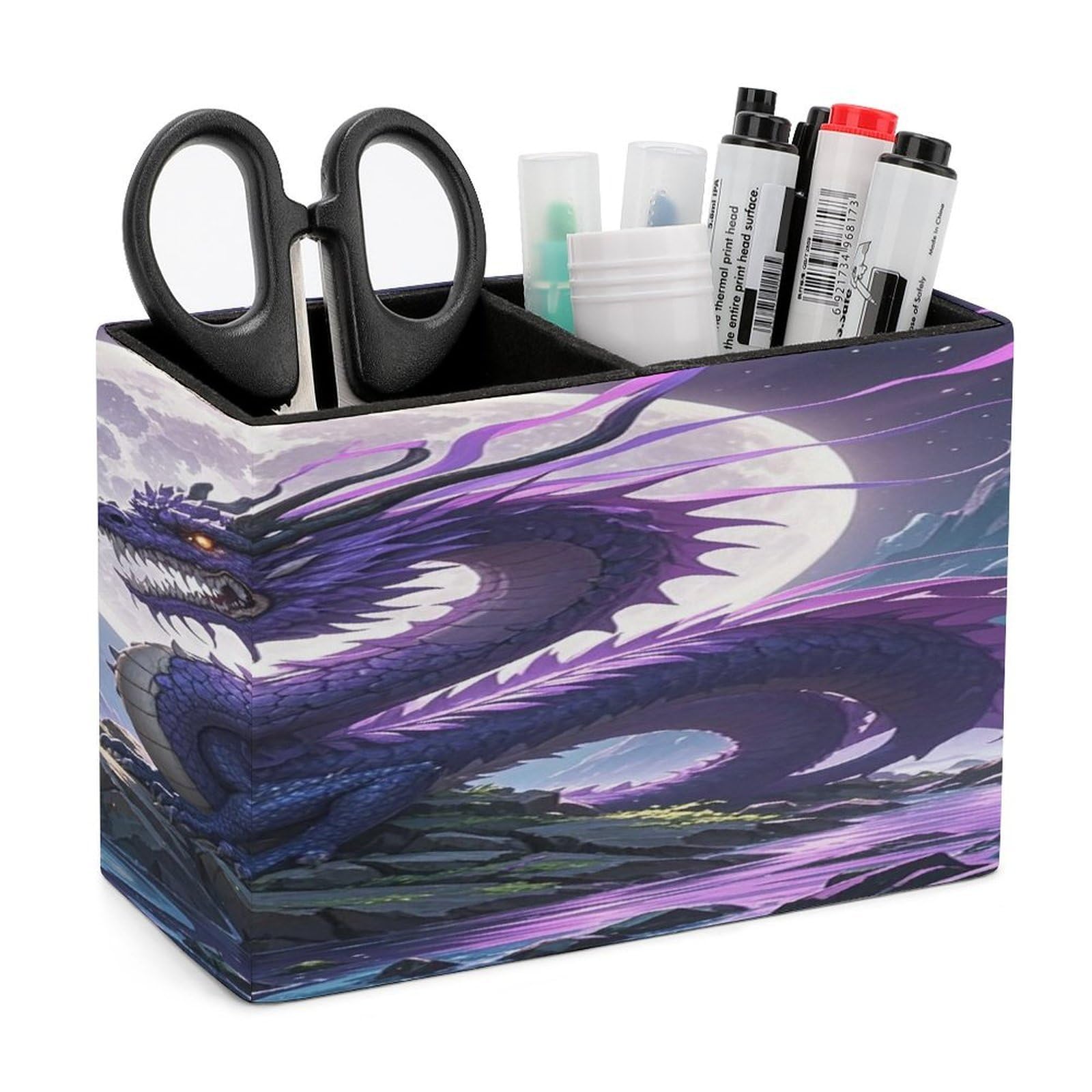 LZQPOEAS Purple Dragon Purple Moon Leather Pen Holder with 2 Compartments Luxury Pencil Holder Minimalist Pencil Cup Brush Scissor Holders Elegant Pen Cup for Office Home Desk Accessories