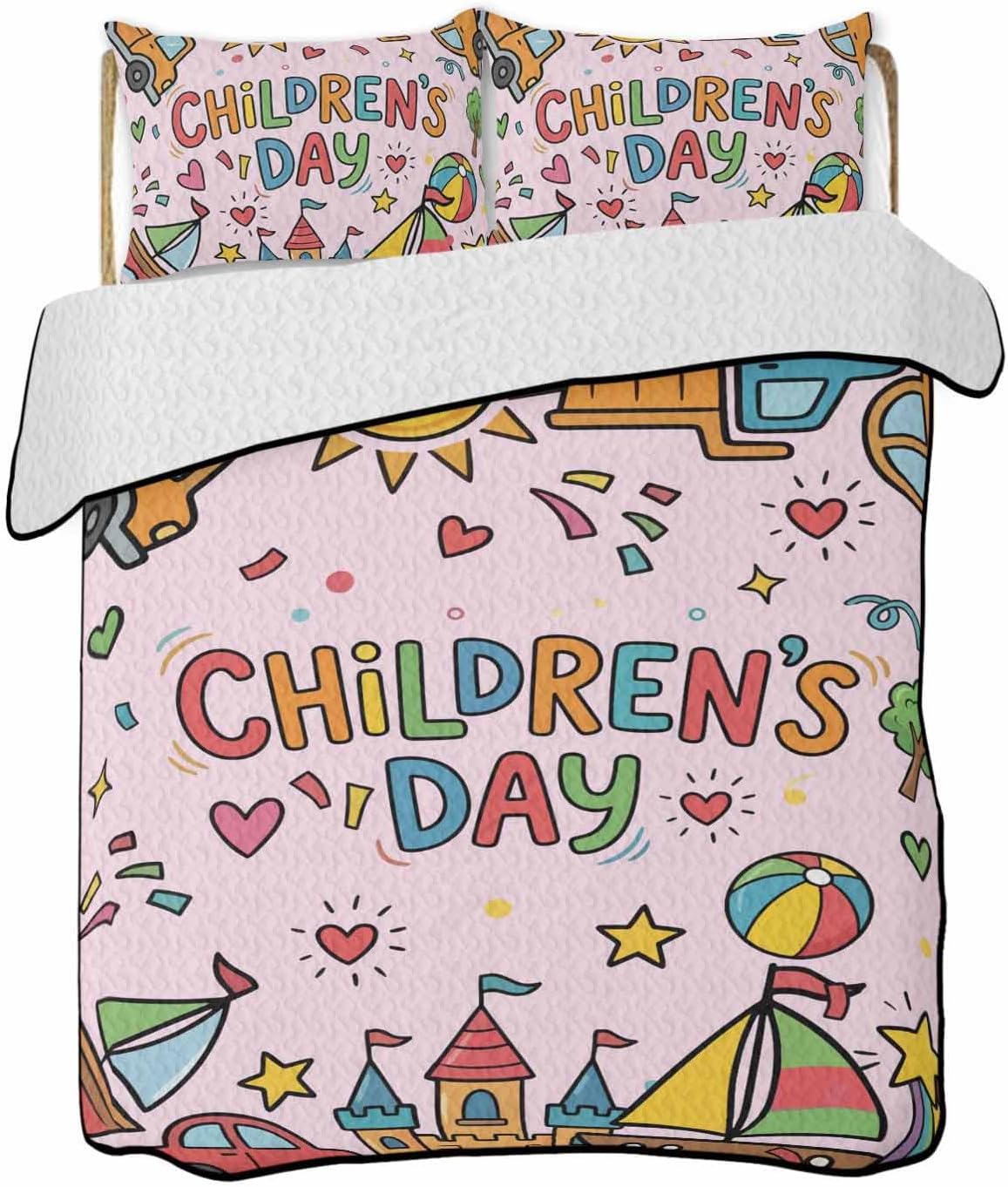 Full Size Quilt Bedding Set, Pink Children's Day Lightweight Summer Quilt 3 Pieces Bedding Sets, Car Tree Stars Modern Abstract Art Cartoon Reversible Soft Bedspreads Coverlets with 2 Pillow Shams