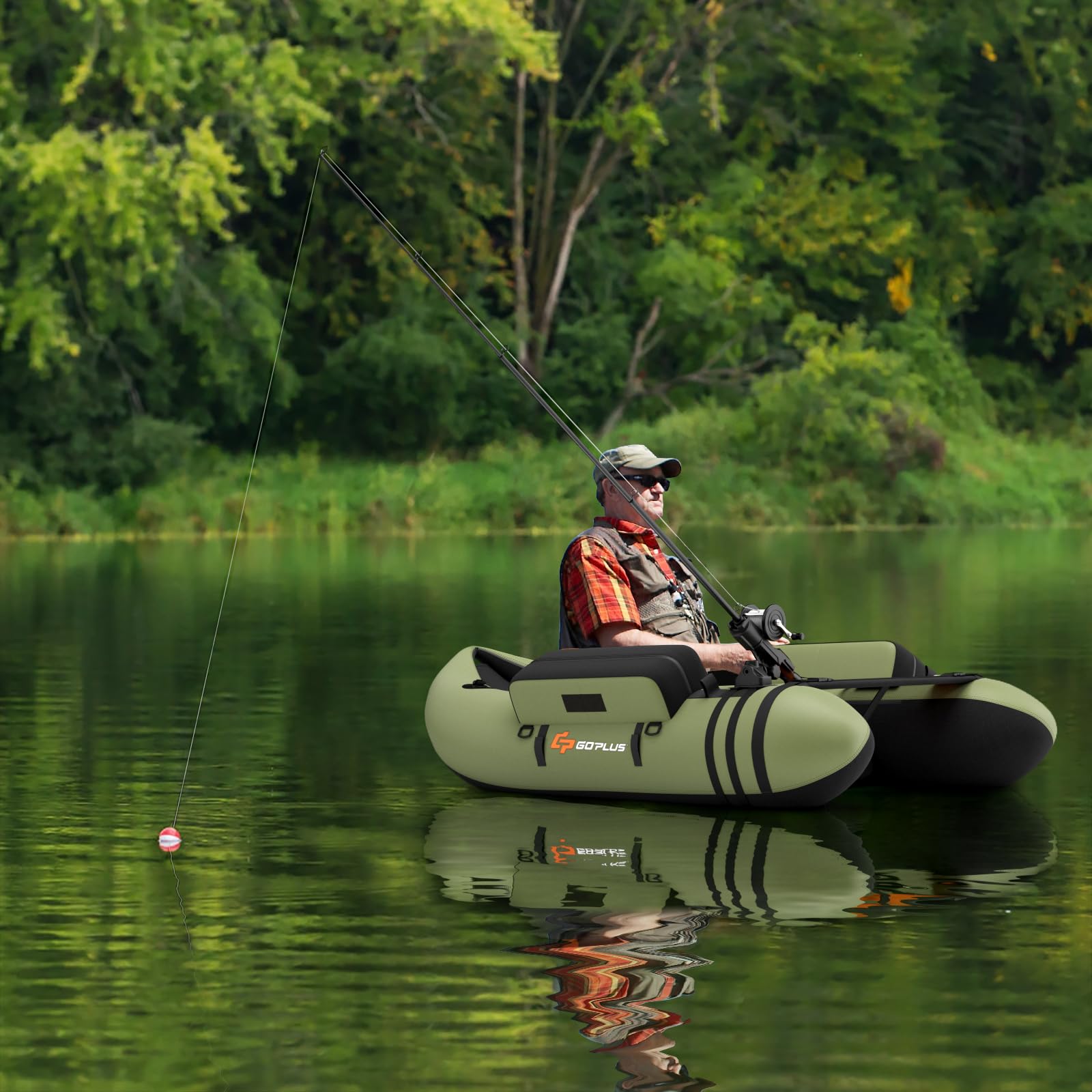 GOPLUS Bellyboot, Belly Boat o nośności do 150 kg, nadmuchiwana łódka do wędkowania z aluminiowym wiosłem, pompką, płetwami, linijką do ryb, uchwytem na wędkę i 2 szelkami, 135 x 109 x 54 cm