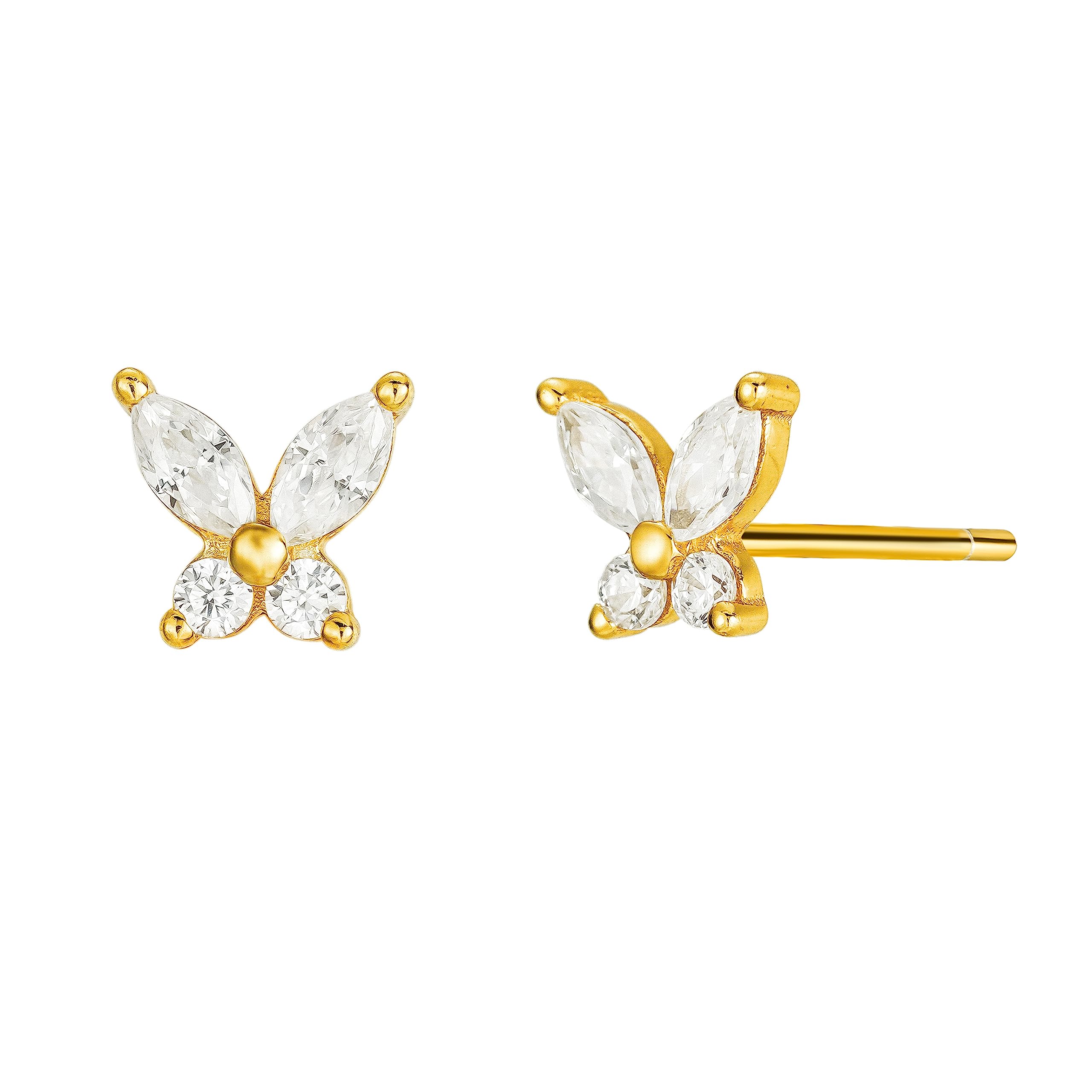 Brandlingerpendientes mujer plata bañados en oro, piercing oreja, pendientes pequeños mujer, pendientes dorados de forma mariposa con circonitas blancas