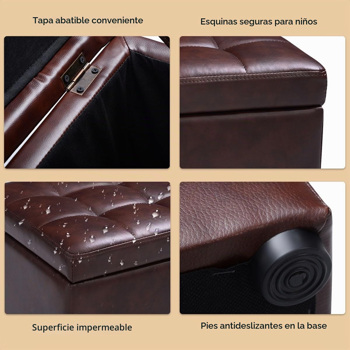 LIFEZEAL Taburete Almacenaje, 40x40x40CM, Puff Taburete de Cuero, Asiento Cubo, Otomano Cuadrado con Funda, Banco con Tapa (Marrón)