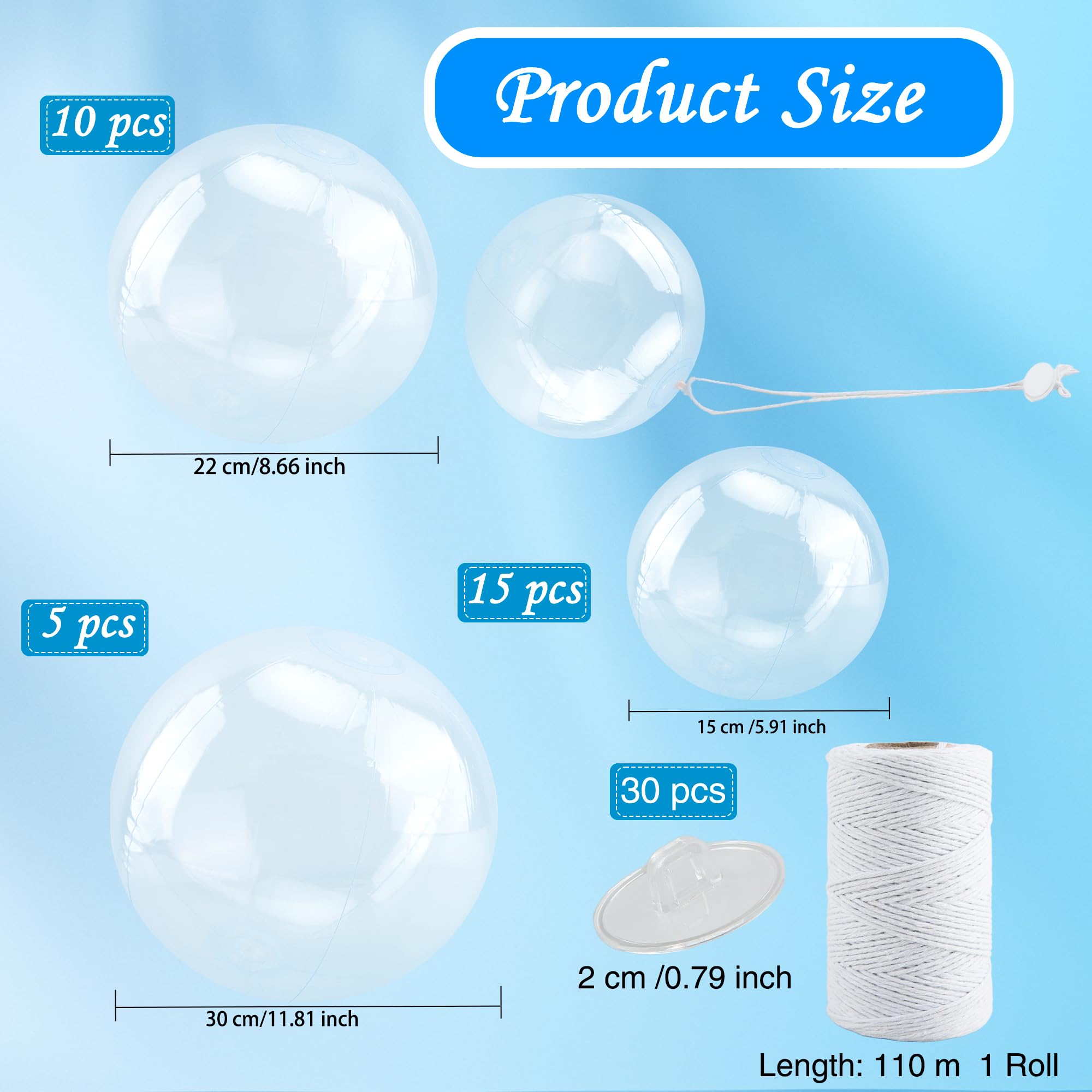 Paquete de 30 pelotas de playa inflables transparentes de 8 pulgadas, 12 pulgadas, 16 pulgadas, bolas de piscina transparentes a granel con cuerda para colgar para suministros de fiesta en la