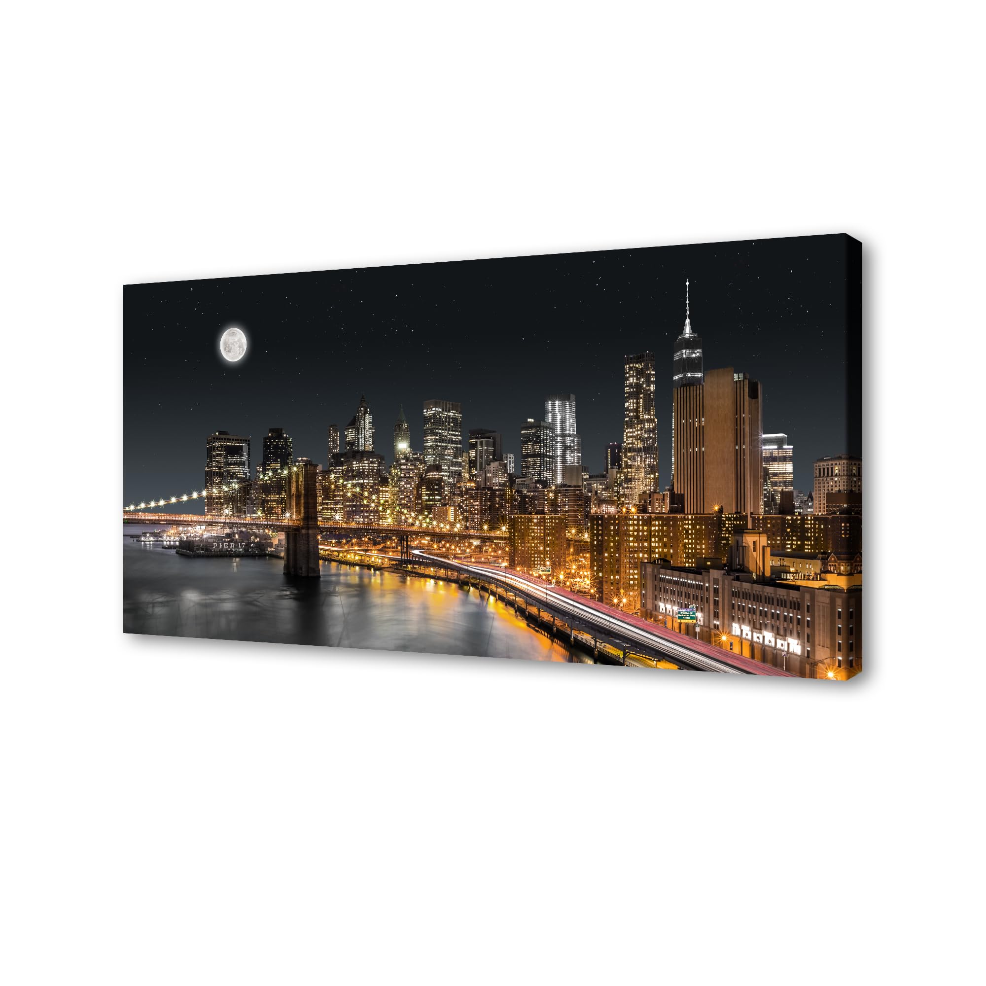 XXMWallArt FC4275 New York City Wall Art Brooklyn Bridge Night View Picture Canvas Print Artwork for Living Room Bedroom Home Decoration