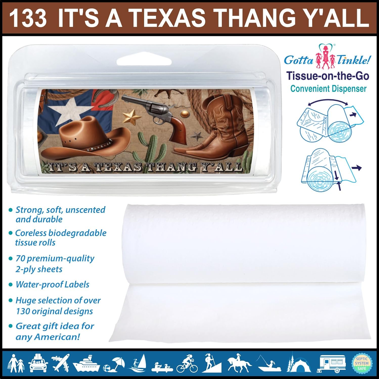 Premium Quality Travel-Size Mini Toilet Paper Rolls | Convenient Plastic Dispenser | Lightweight & Compact | Travel & Vacation Designs (3-Pack) (133 It's A Texas Thang Y'All)
