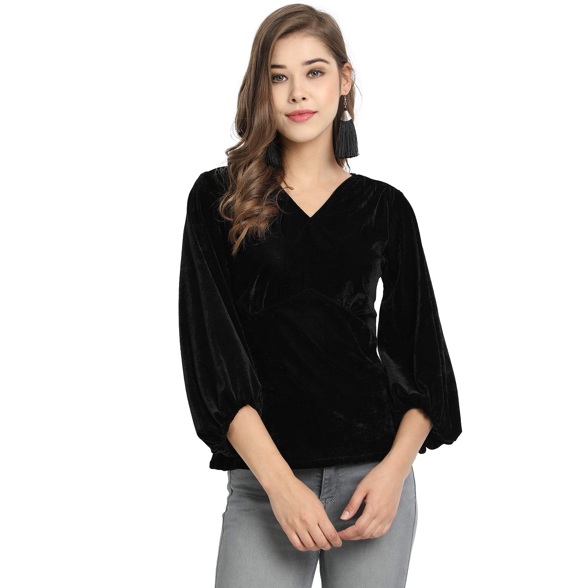 Golden Kite Women Black Longline Yoke Details Top with Bishop Sleeve