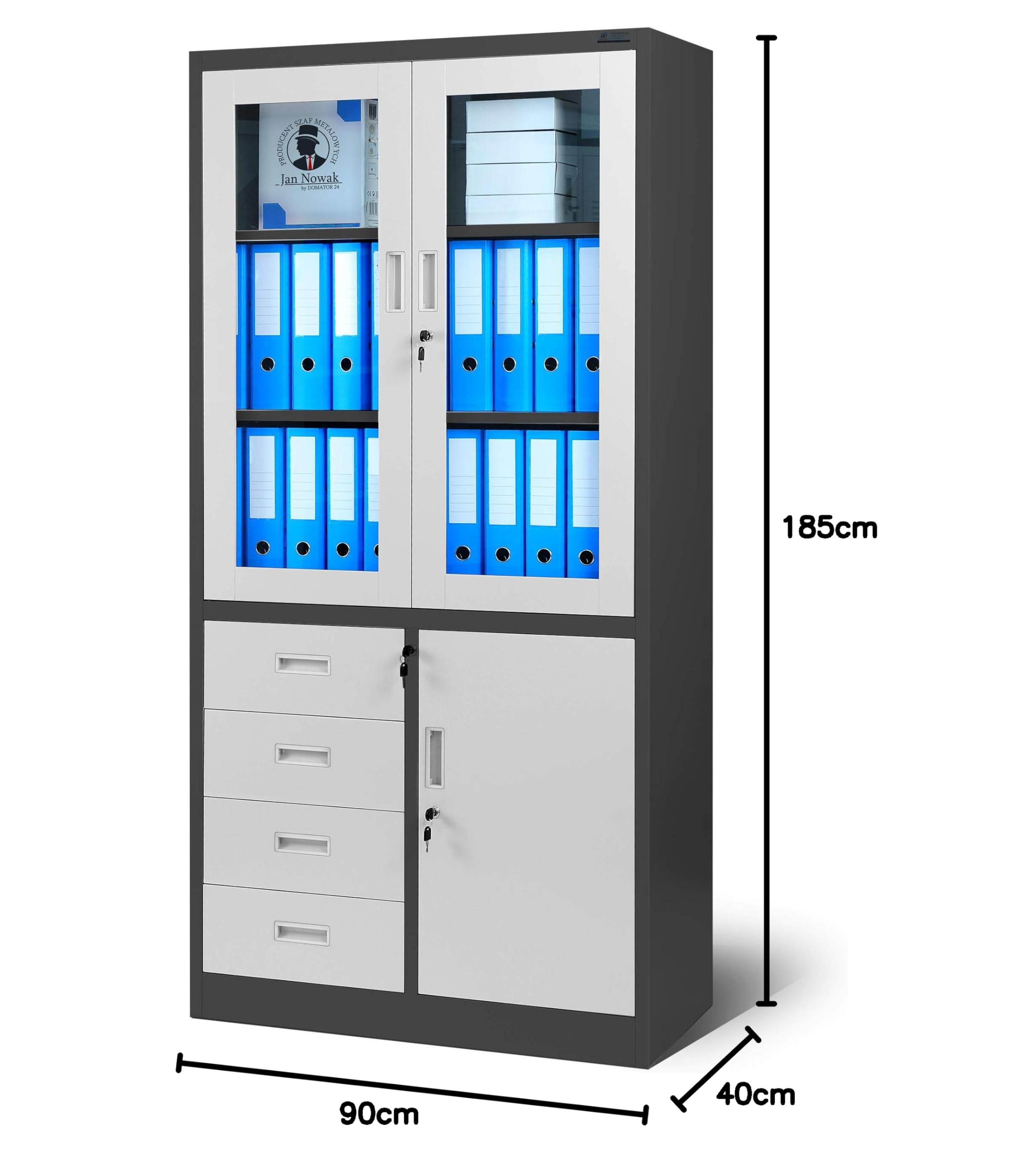 Jan Nowak Armadio Archivio C042 Armadio per ufficio in metallo con 4 cassetti verniciatura a polvere 185 cm x 90 cm x 40 cm (A x L x P) (Antracite-Bianco)