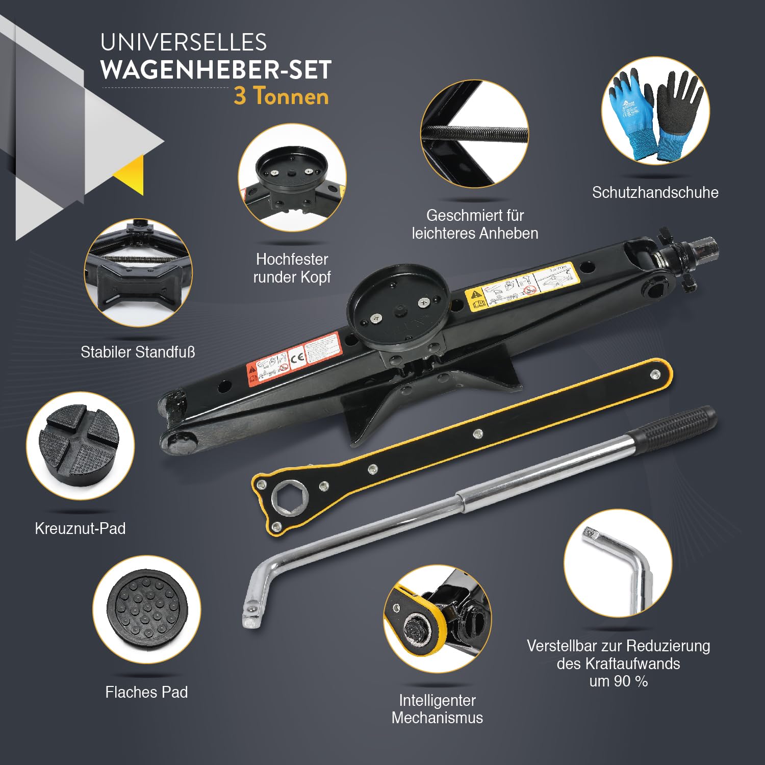 Wagenheber-Set 3T | Scherenwagenheber mit Kreuznut- & Flachauflage Car Jack