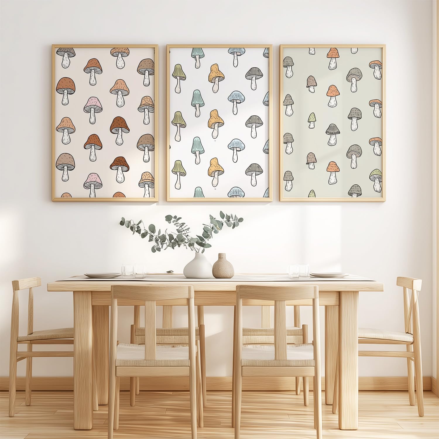 Generisch Minimalistyczne obrazy z kreskówki, rośliny, 3-częściowe, 50 x 70 cm, dekoracja ścienna z beżowym grzybem, naturalny retro, plakat na płótnie, na parapetówkę, urodziny, rocznicę, wspaniała