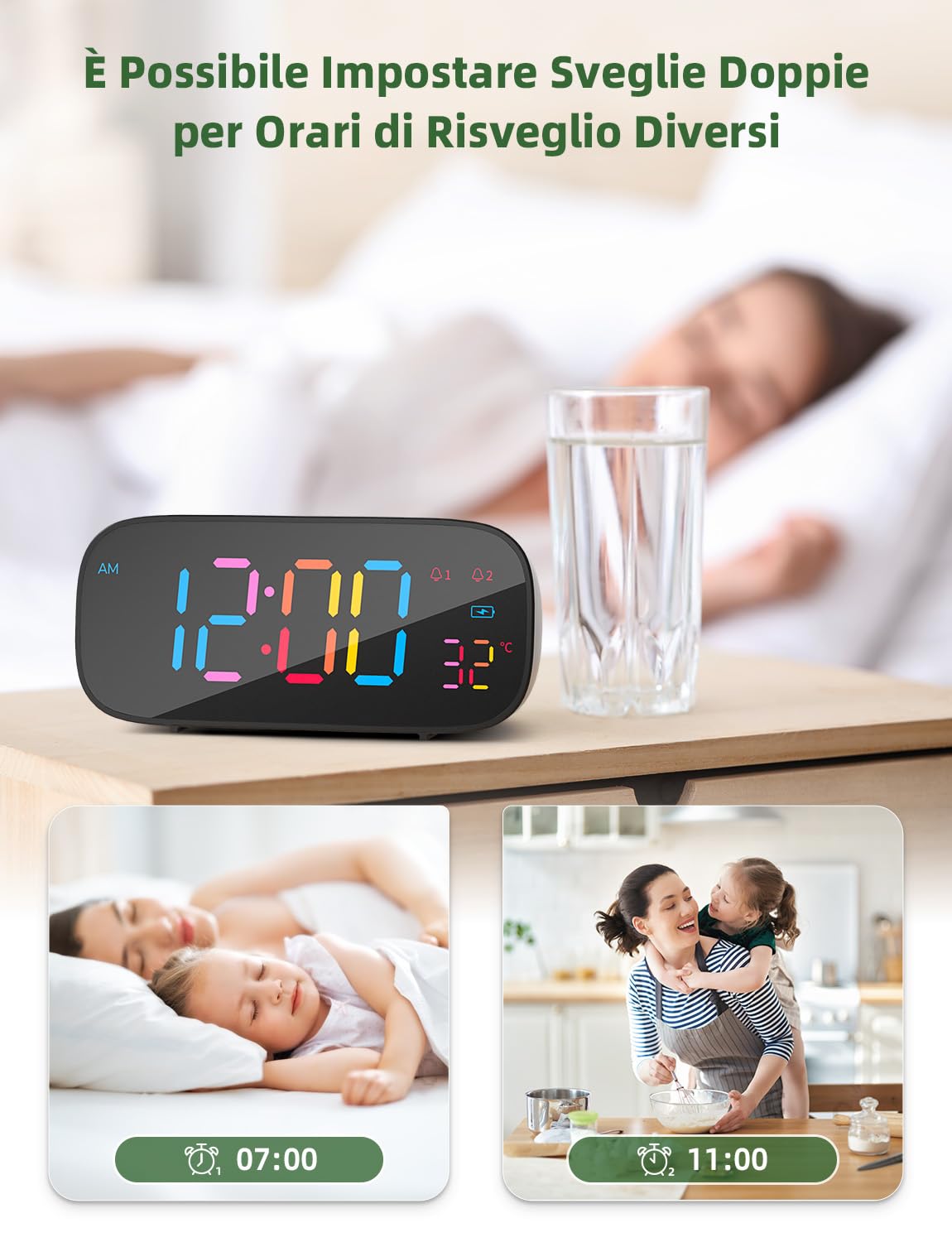 Sveglia Digitale LIORQUE Con Display LED Colorato - Doppio Allarme E Ricarica USB