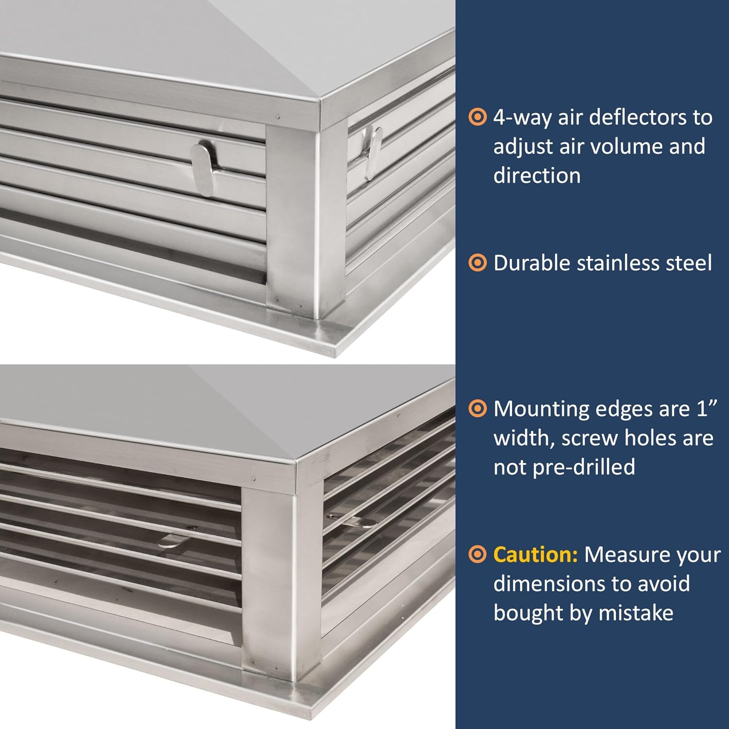 20” Stainless Steel 4-Way Adjustable Air Diffuser for Evaporative Swamp Cooler, 22” x 22" Mounting Edge (20"x20"x6")