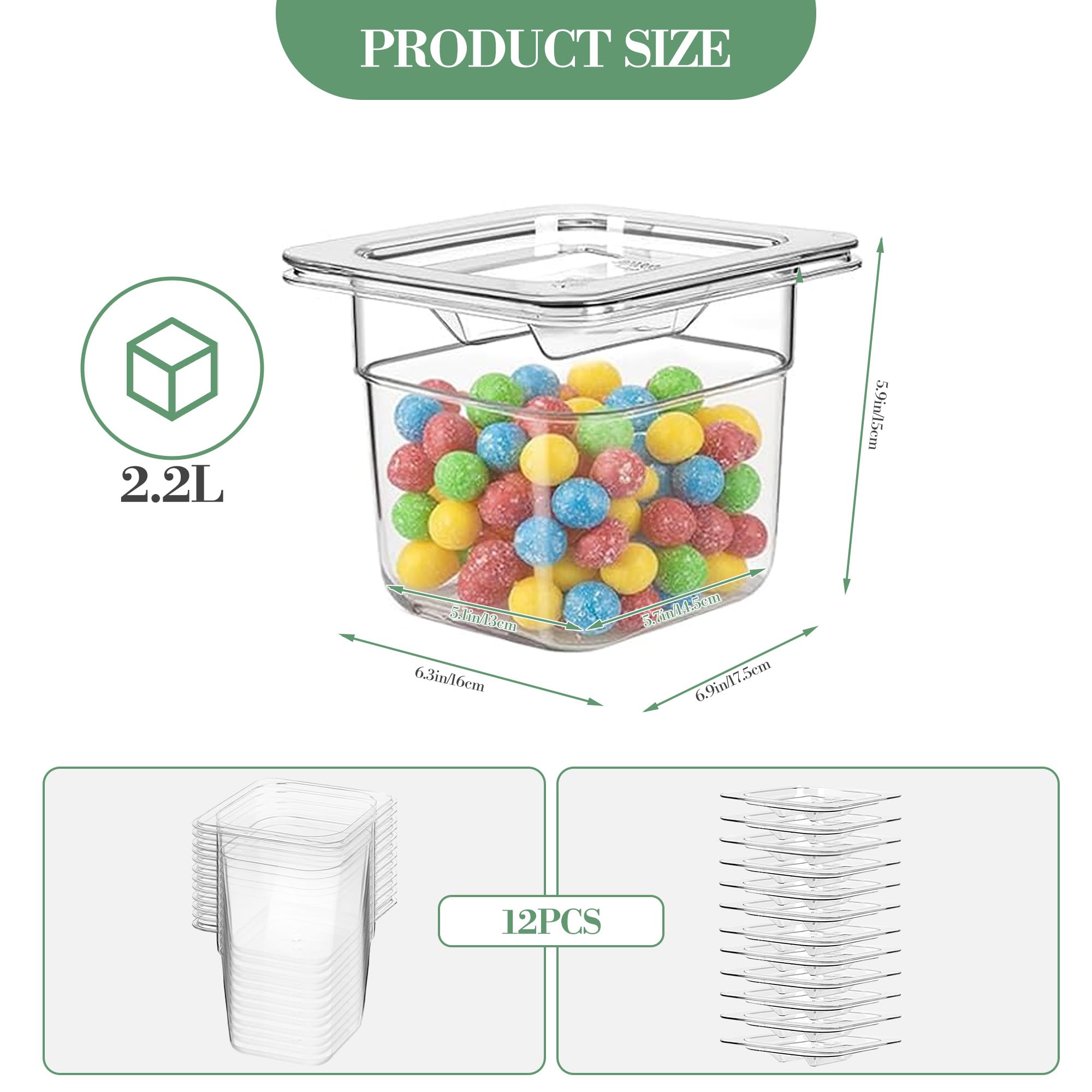 Takywep Confezione da 12 teglie per alimenti in policarbonato da 1/6 con coperchi, profonde da 15,2 cm, impilabili, trasparenti, contenitori di grado commerciale per cucina, frigorifero, hotel e