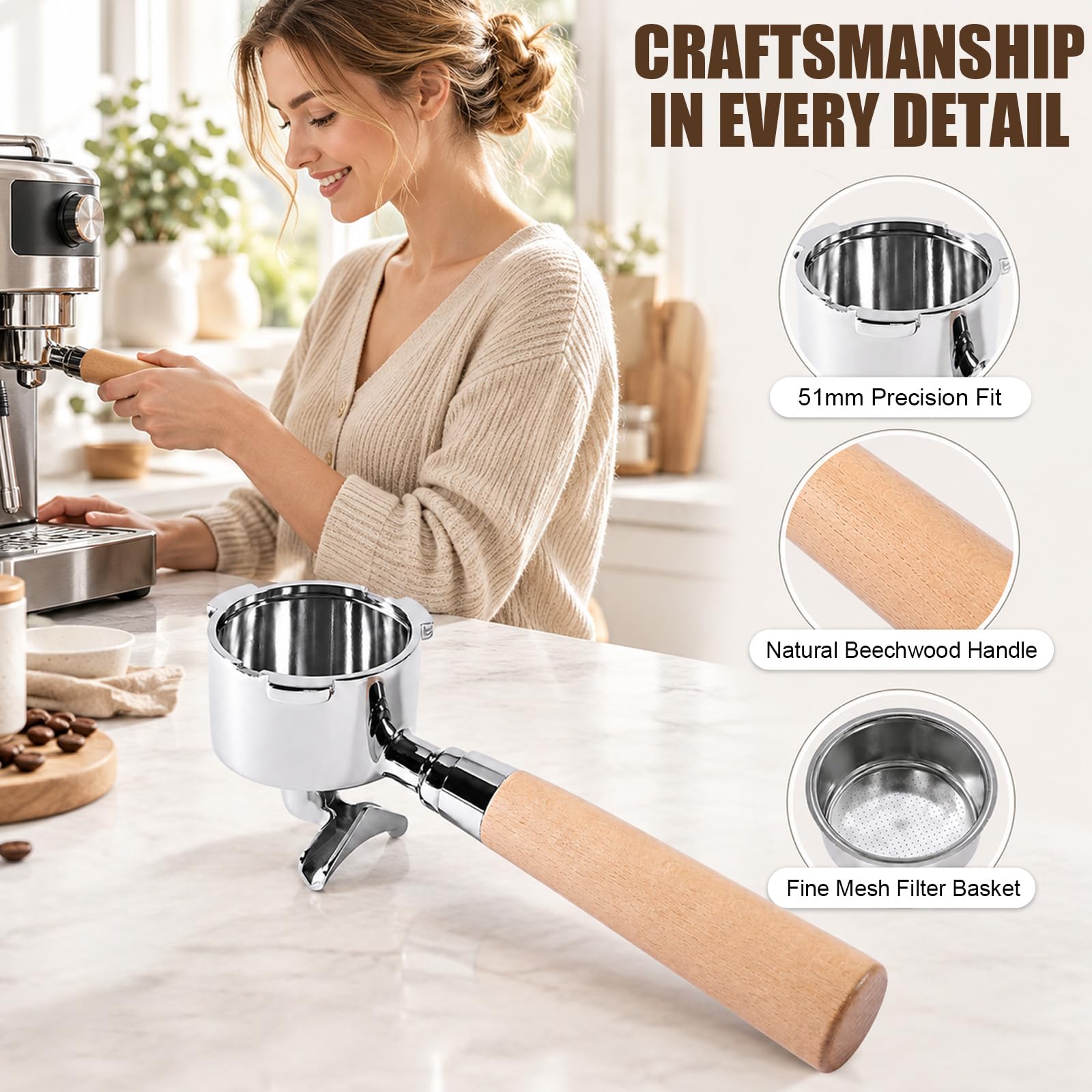Portafiltro sin fondo de 51 mm, portafiltros para cafeteras DeLonghi Dedica EC680, EC685 y Smeg, acero inoxidable, doble caño, diseño de 3 orejas, filtro portafiltro de café espresso