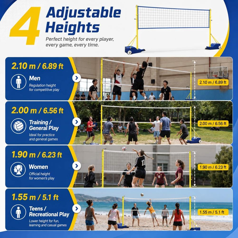 Tragbares Volleyball-Badminton-Netz-Set mit verstellbarer Höhe von 155–210 cm, robuste Basis mit Rollen, Ständer für drinnen und draußen, für Fitnessstudio, Hinterhof, Erwachsene und Jugendliche